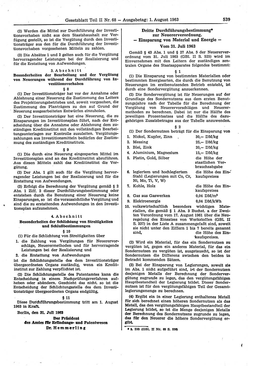 Gesetzblatt (GBl.) der Deutschen Demokratischen Republik (DDR) Teil ⅠⅠ 1963, Seite 539 (GBl. DDR ⅠⅠ 1963, S. 539)