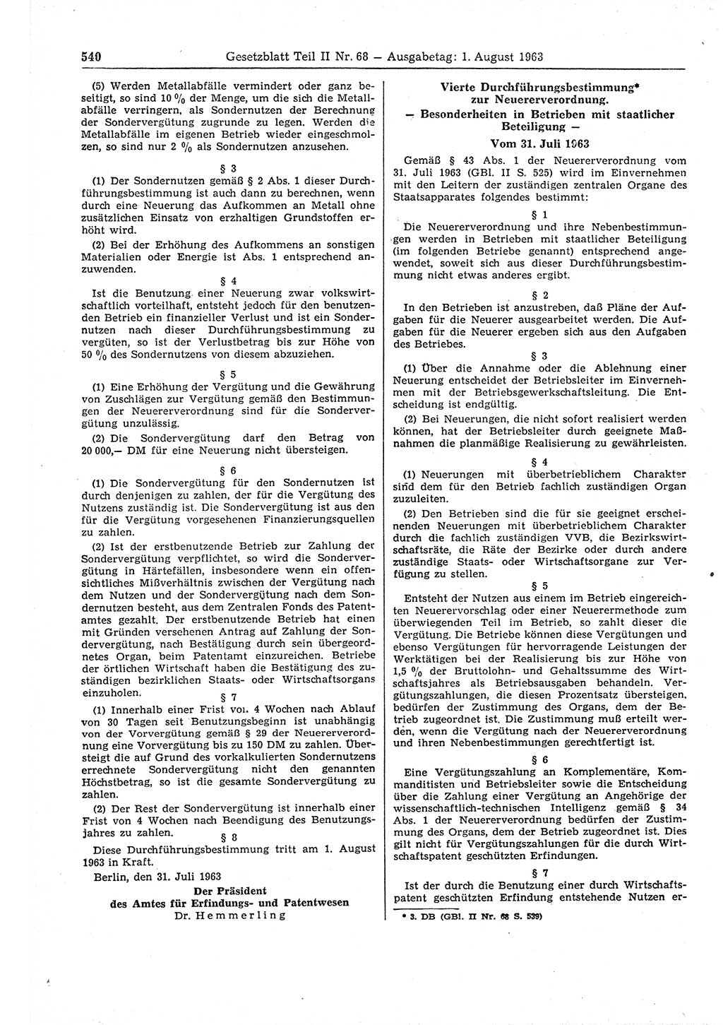 Gesetzblatt (GBl.) der Deutschen Demokratischen Republik (DDR) Teil ⅠⅠ 1963, Seite 540 (GBl. DDR ⅠⅠ 1963, S. 540)
