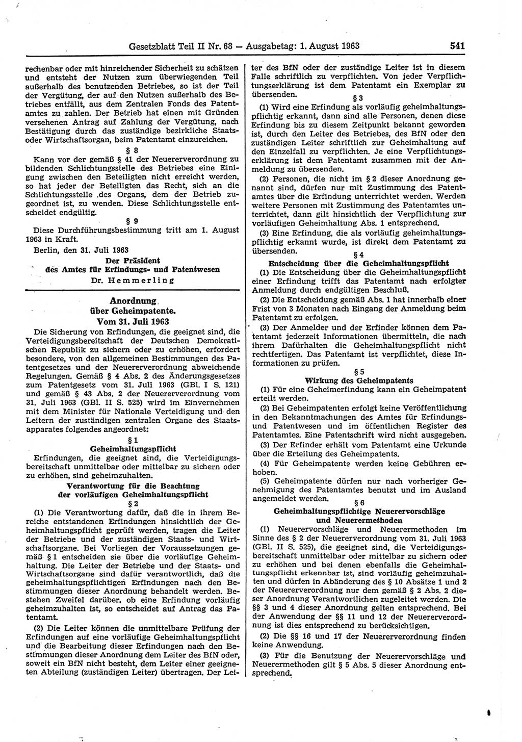 Gesetzblatt (GBl.) der Deutschen Demokratischen Republik (DDR) Teil ⅠⅠ 1963, Seite 541 (GBl. DDR ⅠⅠ 1963, S. 541)