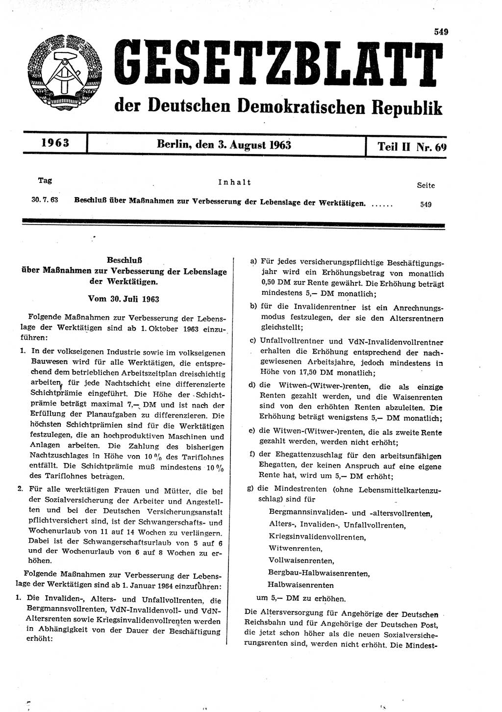 Gesetzblatt (GBl.) der Deutschen Demokratischen Republik (DDR) Teil ⅠⅠ 1963, Seite 549 (GBl. DDR ⅠⅠ 1963, S. 549)