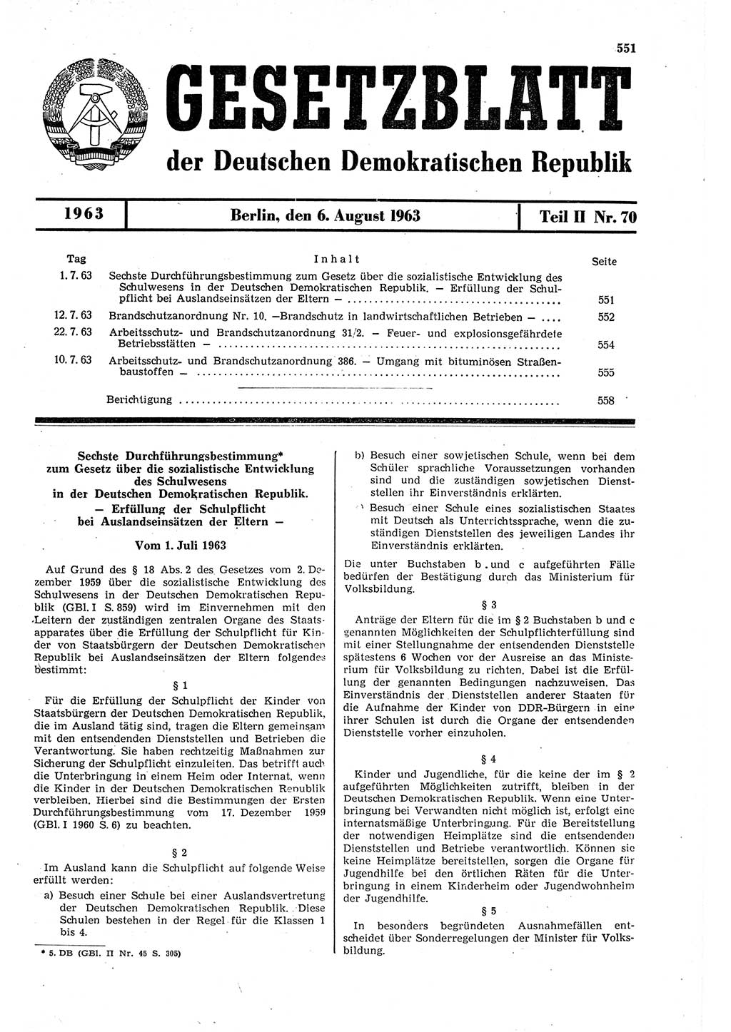 Gesetzblatt (GBl.) der Deutschen Demokratischen Republik (DDR) Teil ⅠⅠ 1963, Seite 551 (GBl. DDR ⅠⅠ 1963, S. 551)