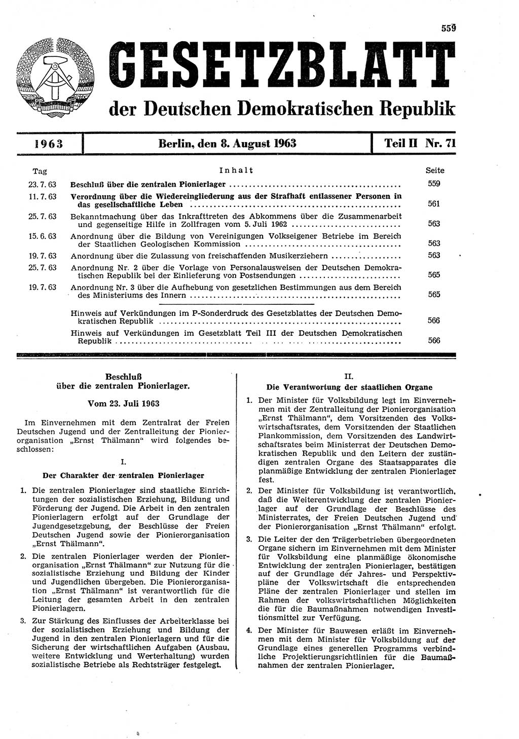 Gesetzblatt (GBl.) der Deutschen Demokratischen Republik (DDR) Teil ⅠⅠ 1963, Seite 559 (GBl. DDR ⅠⅠ 1963, S. 559)