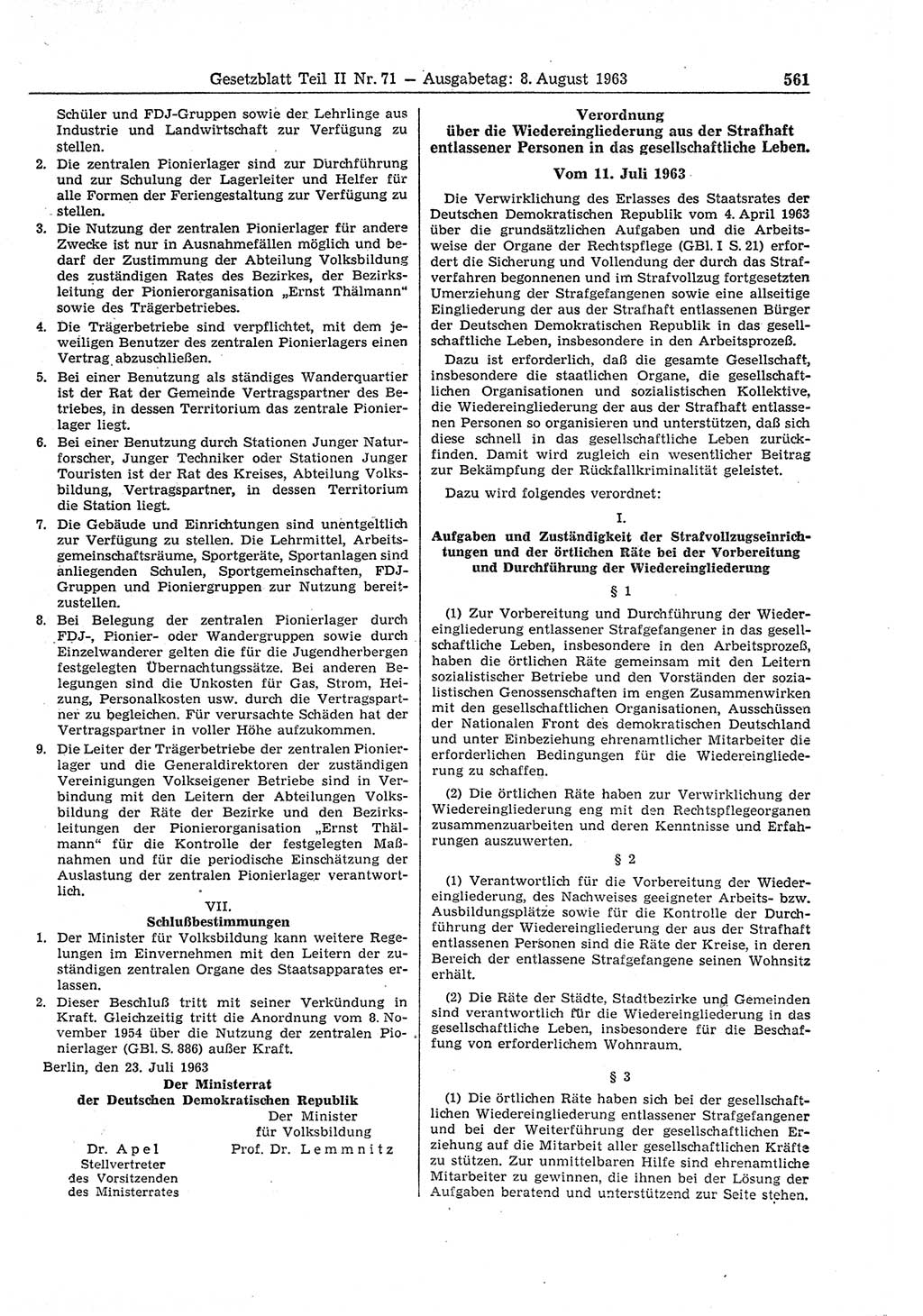 Gesetzblatt (GBl.) der Deutschen Demokratischen Republik (DDR) Teil ⅠⅠ 1963, Seite 561 (GBl. DDR ⅠⅠ 1963, S. 561)