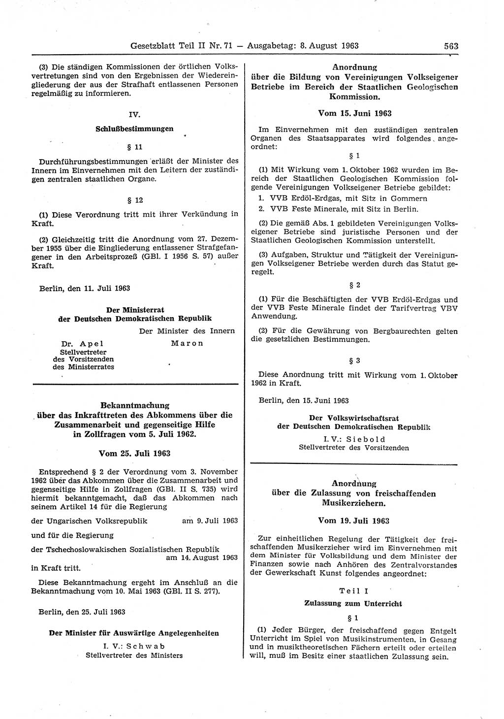 Gesetzblatt (GBl.) der Deutschen Demokratischen Republik (DDR) Teil ⅠⅠ 1963, Seite 563 (GBl. DDR ⅠⅠ 1963, S. 563)
