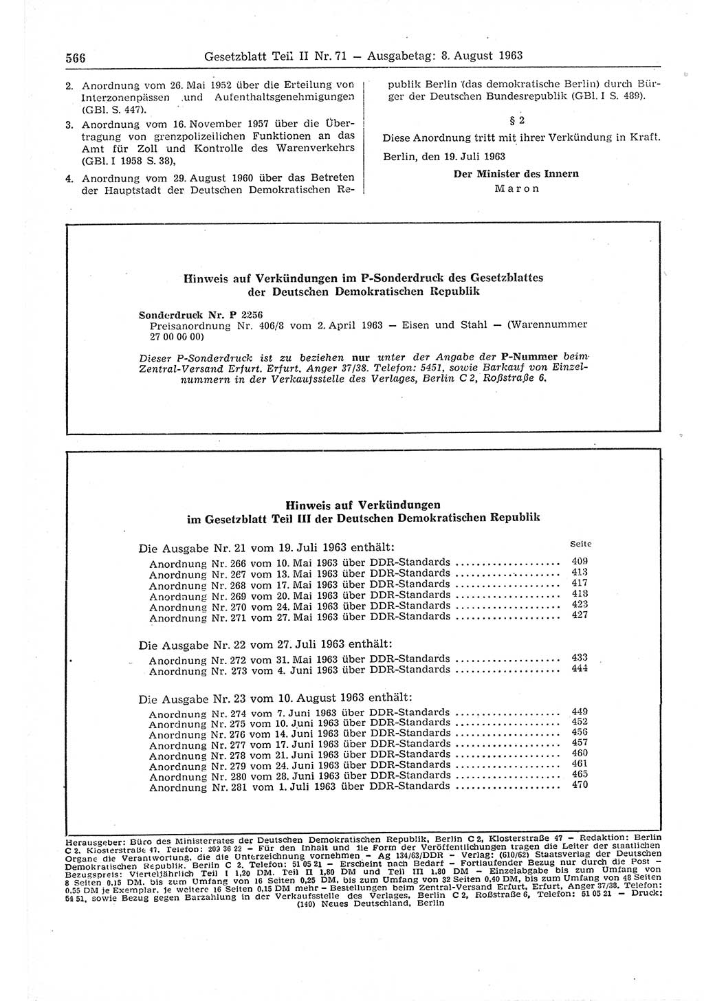 Gesetzblatt (GBl.) der Deutschen Demokratischen Republik (DDR) Teil ⅠⅠ 1963, Seite 566 (GBl. DDR ⅠⅠ 1963, S. 566)