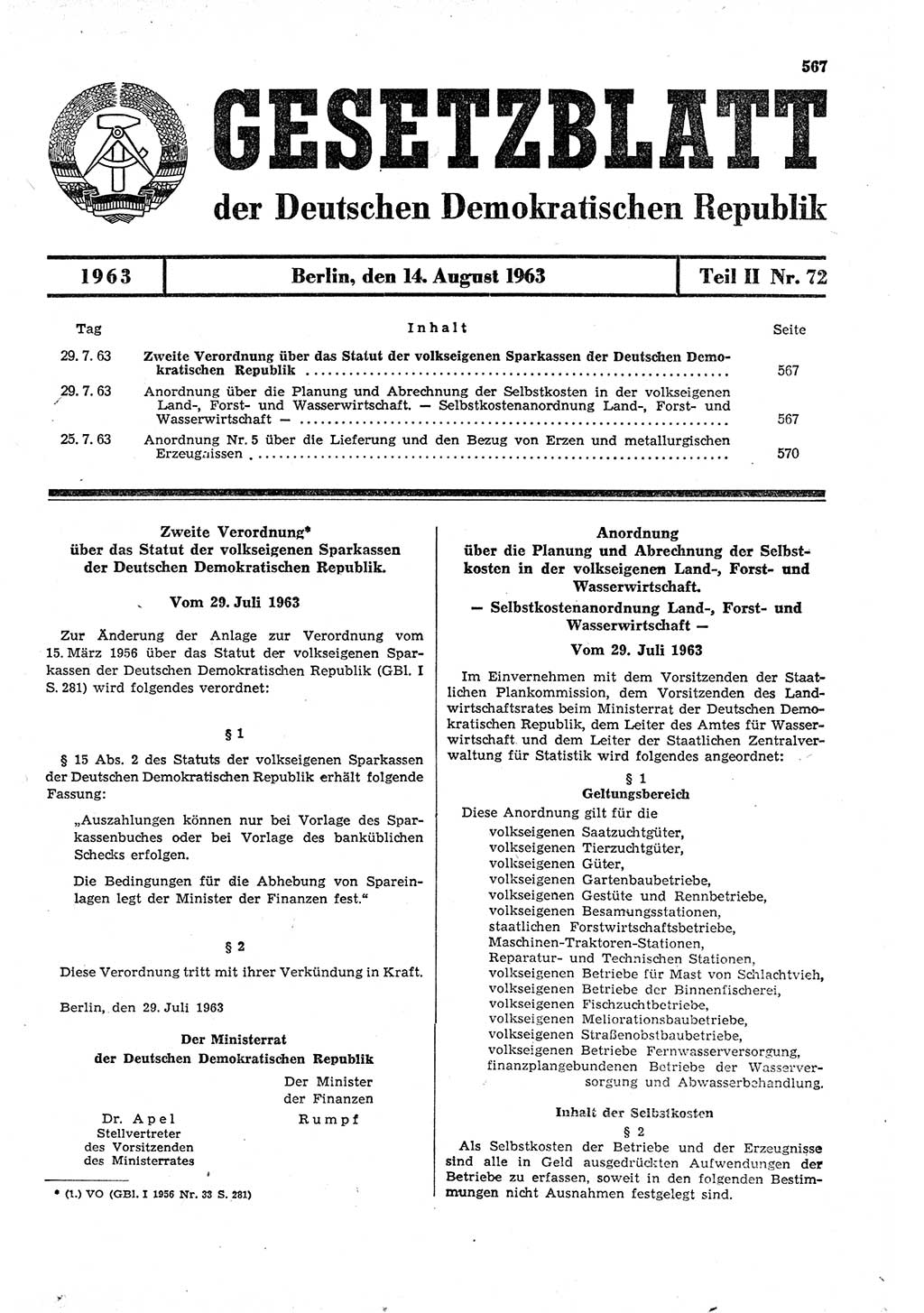 Gesetzblatt (GBl.) der Deutschen Demokratischen Republik (DDR) Teil ⅠⅠ 1963, Seite 567 (GBl. DDR ⅠⅠ 1963, S. 567)