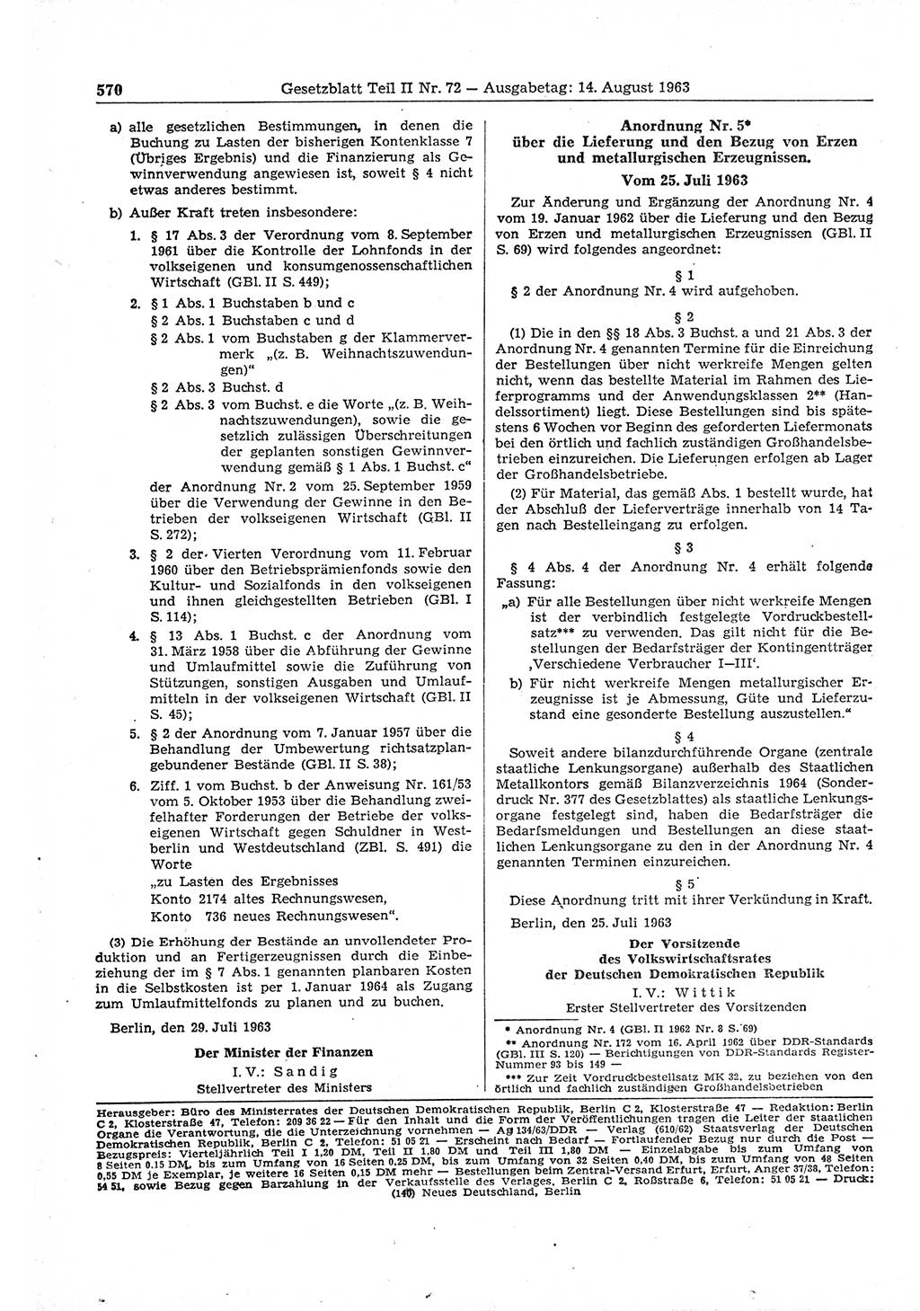 Gesetzblatt (GBl.) der Deutschen Demokratischen Republik (DDR) Teil ⅠⅠ 1963, Seite 570 (GBl. DDR ⅠⅠ 1963, S. 570)