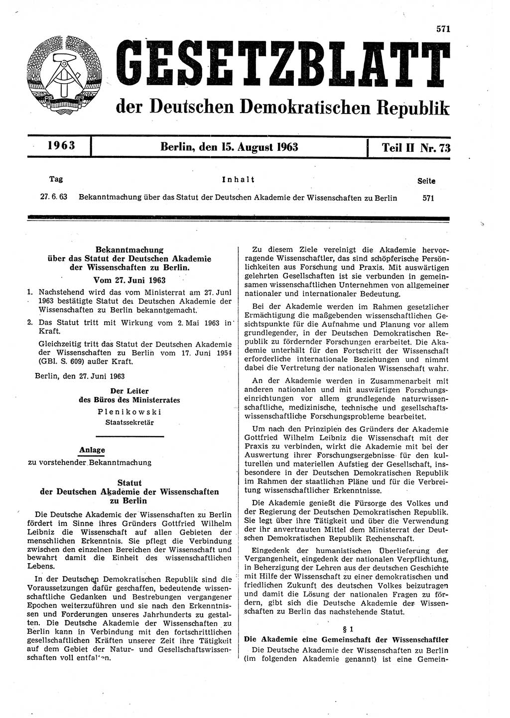 Gesetzblatt (GBl.) der Deutschen Demokratischen Republik (DDR) Teil ⅠⅠ 1963, Seite 571 (GBl. DDR ⅠⅠ 1963, S. 571)