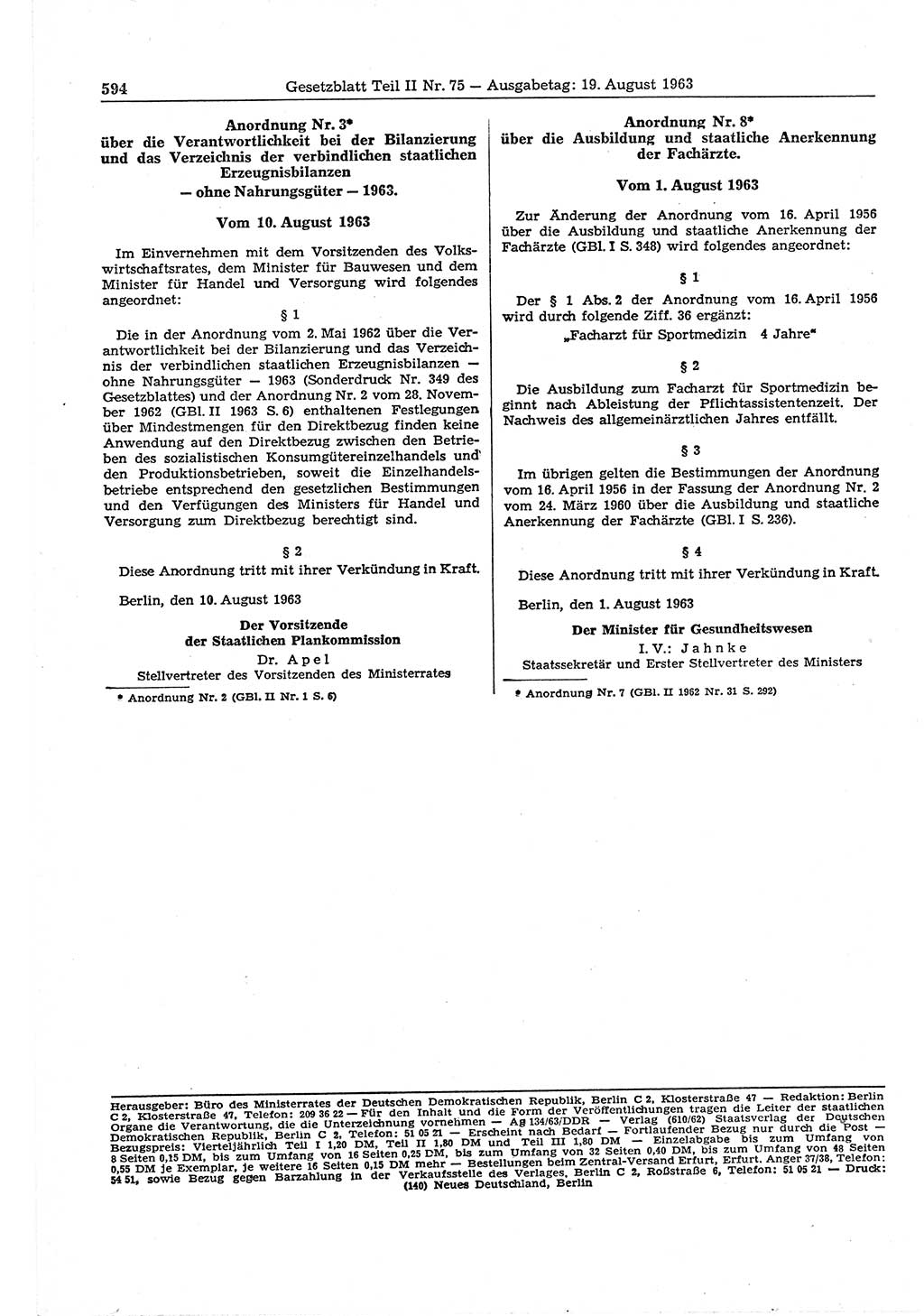 Gesetzblatt (GBl.) der Deutschen Demokratischen Republik (DDR) Teil ⅠⅠ 1963, Seite 594 (GBl. DDR ⅠⅠ 1963, S. 594)