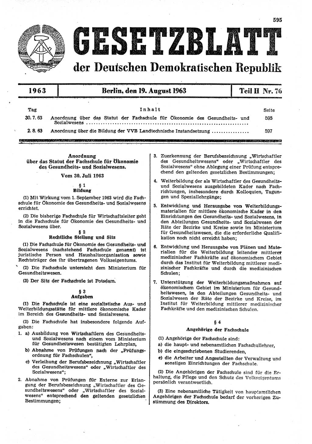 Gesetzblatt (GBl.) der Deutschen Demokratischen Republik (DDR) Teil ⅠⅠ 1963, Seite 595 (GBl. DDR ⅠⅠ 1963, S. 595)