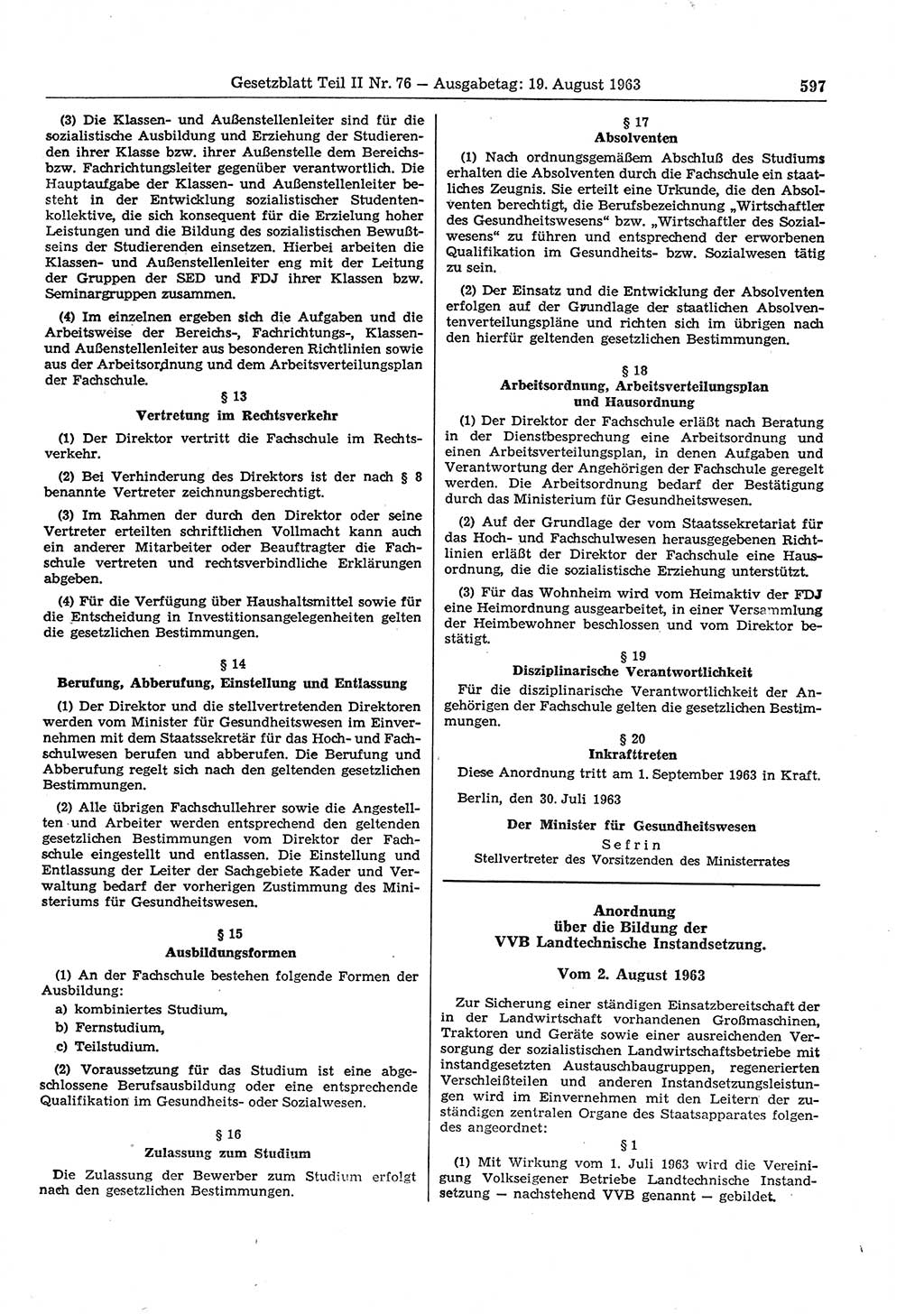 Gesetzblatt (GBl.) der Deutschen Demokratischen Republik (DDR) Teil ⅠⅠ 1963, Seite 597 (GBl. DDR ⅠⅠ 1963, S. 597)