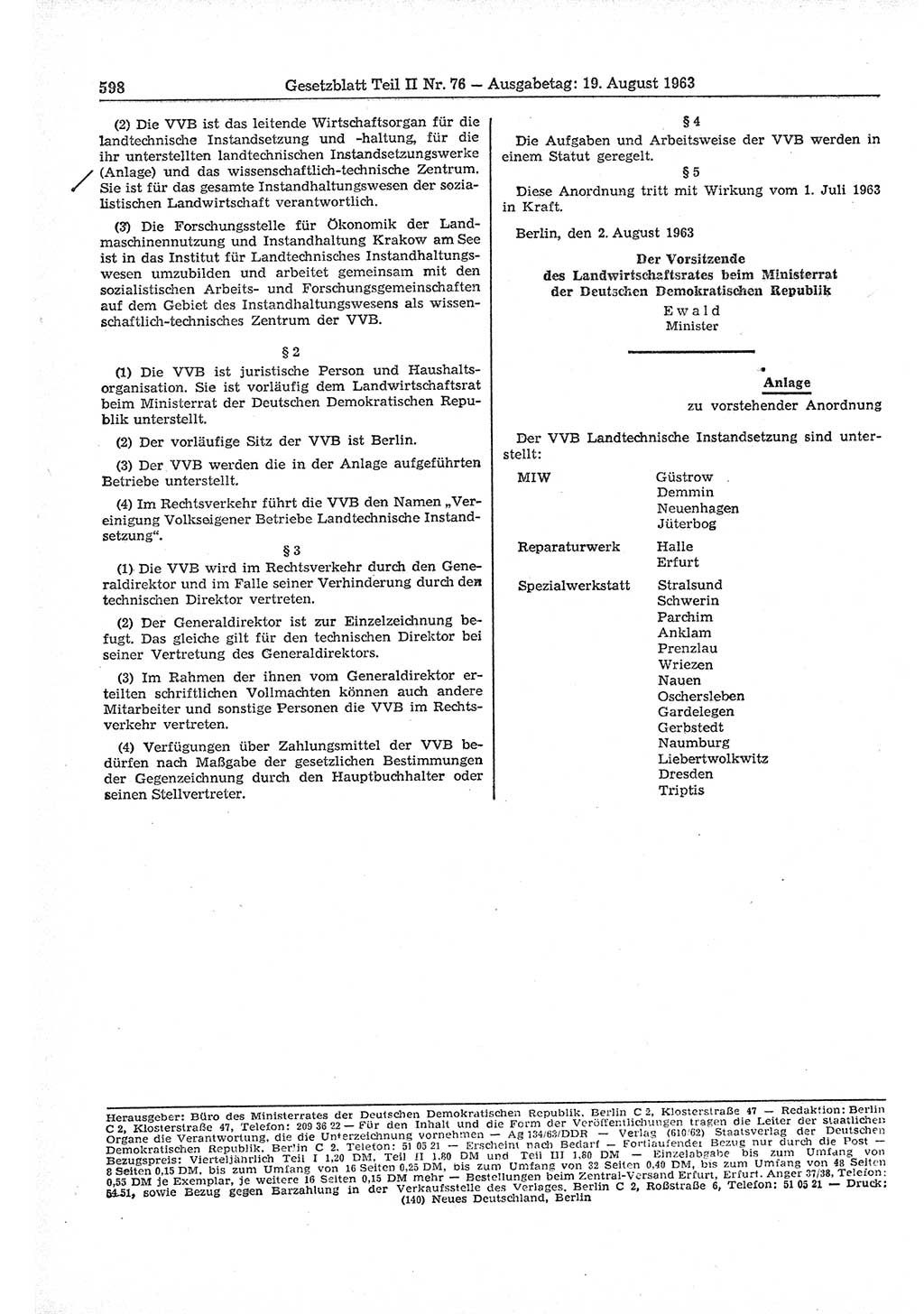 Gesetzblatt (GBl.) der Deutschen Demokratischen Republik (DDR) Teil ⅠⅠ 1963, Seite 598 (GBl. DDR ⅠⅠ 1963, S. 598)