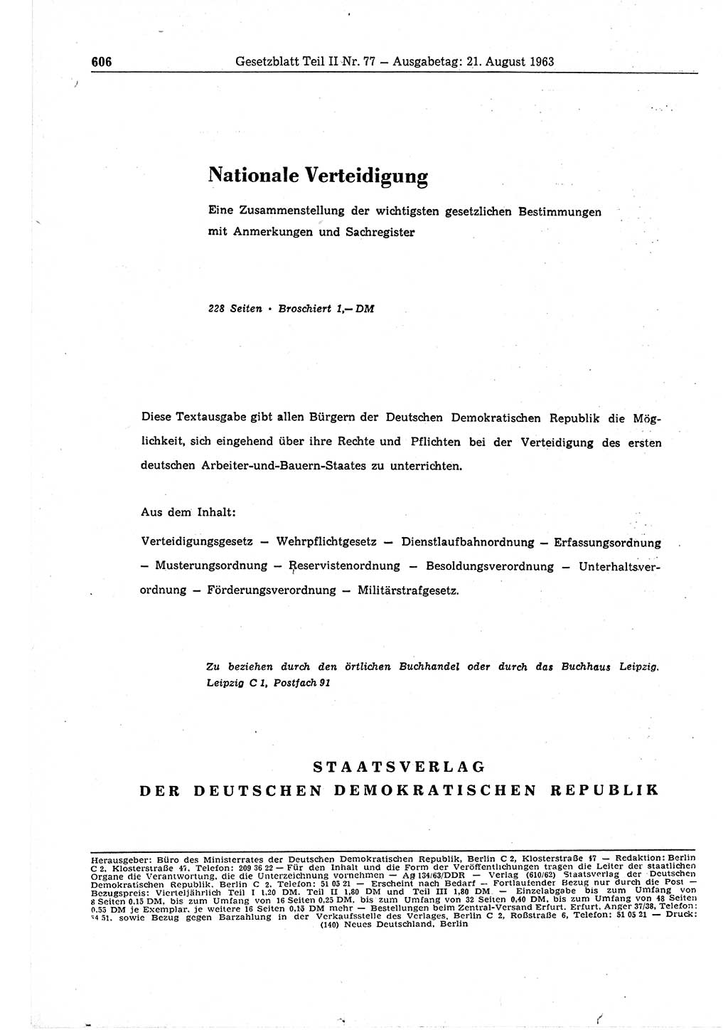 Gesetzblatt (GBl.) der Deutschen Demokratischen Republik (DDR) Teil ⅠⅠ 1963, Seite 606 (GBl. DDR ⅠⅠ 1963, S. 606)