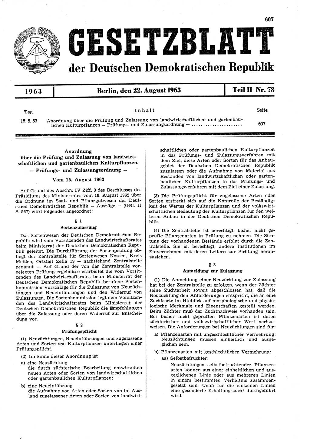 Gesetzblatt (GBl.) der Deutschen Demokratischen Republik (DDR) Teil ⅠⅠ 1963, Seite 607 (GBl. DDR ⅠⅠ 1963, S. 607)