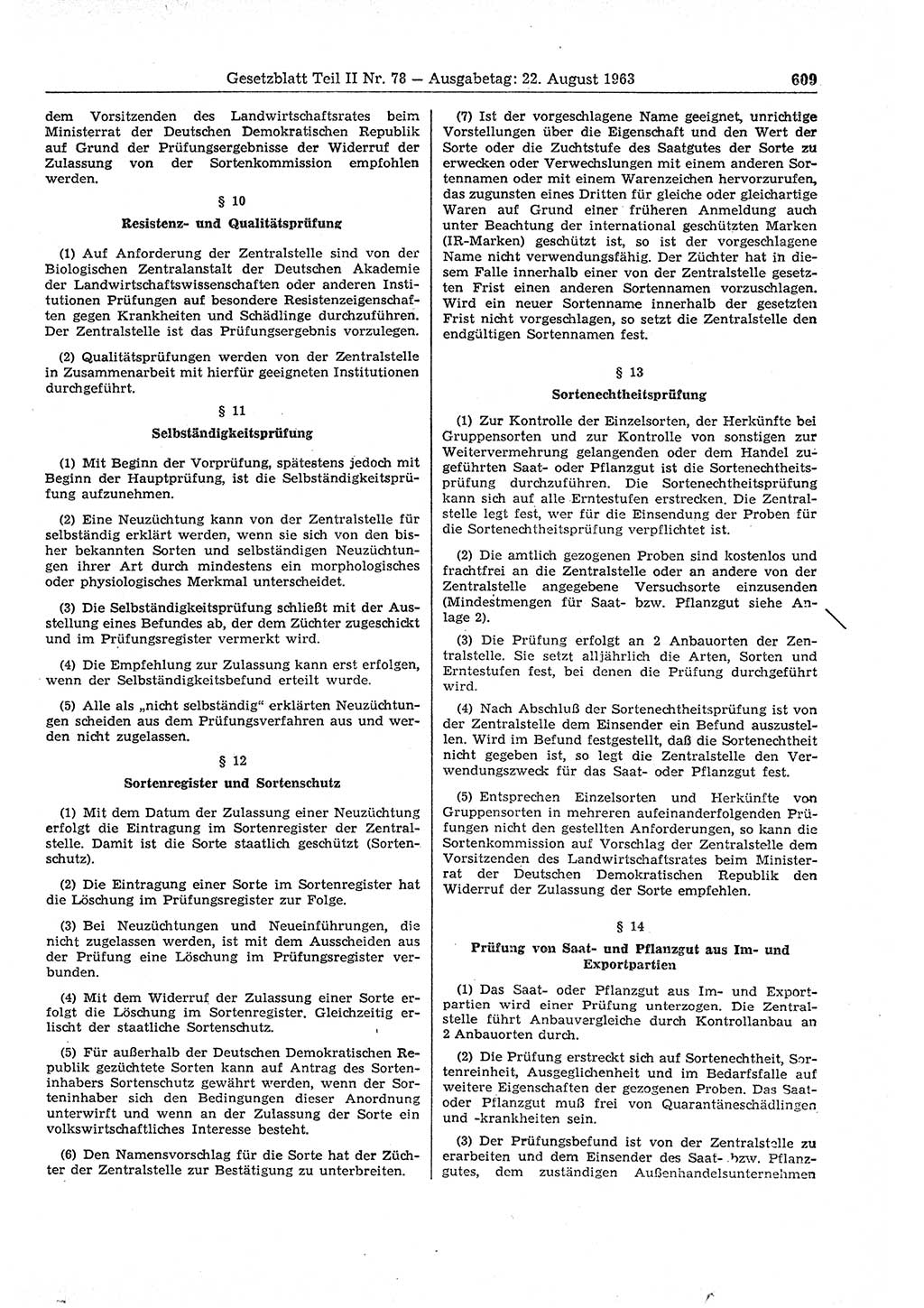 Gesetzblatt (GBl.) der Deutschen Demokratischen Republik (DDR) Teil ⅠⅠ 1963, Seite 609 (GBl. DDR ⅠⅠ 1963, S. 609)