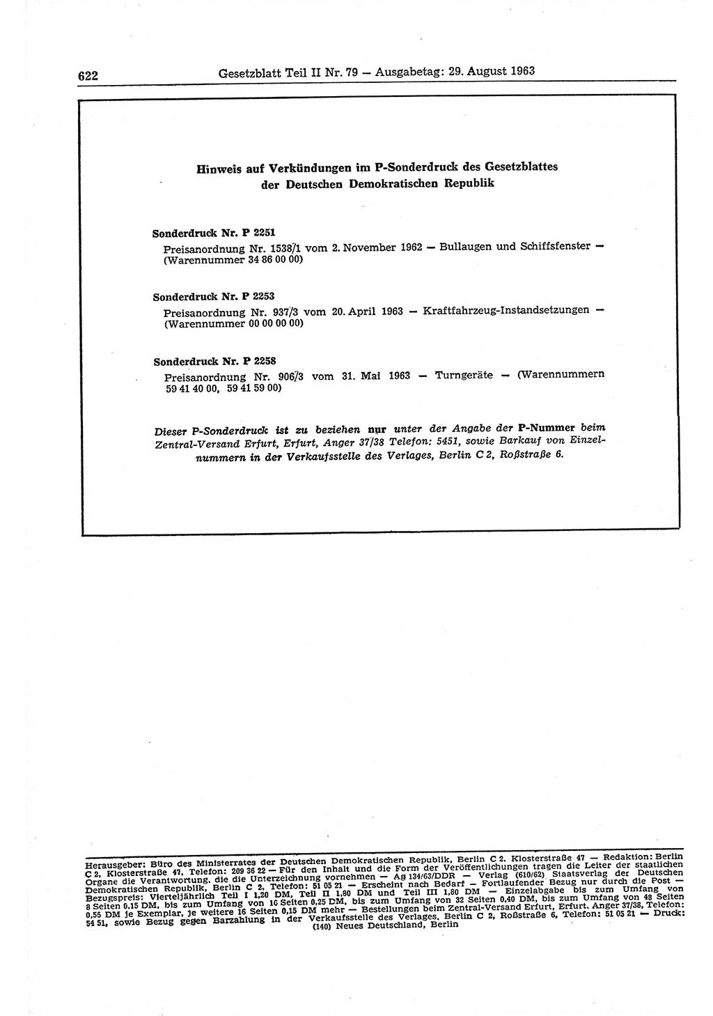 Gesetzblatt (GBl.) der Deutschen Demokratischen Republik (DDR) Teil ⅠⅠ 1963, Seite 622 (GBl. DDR ⅠⅠ 1963, S. 622)
