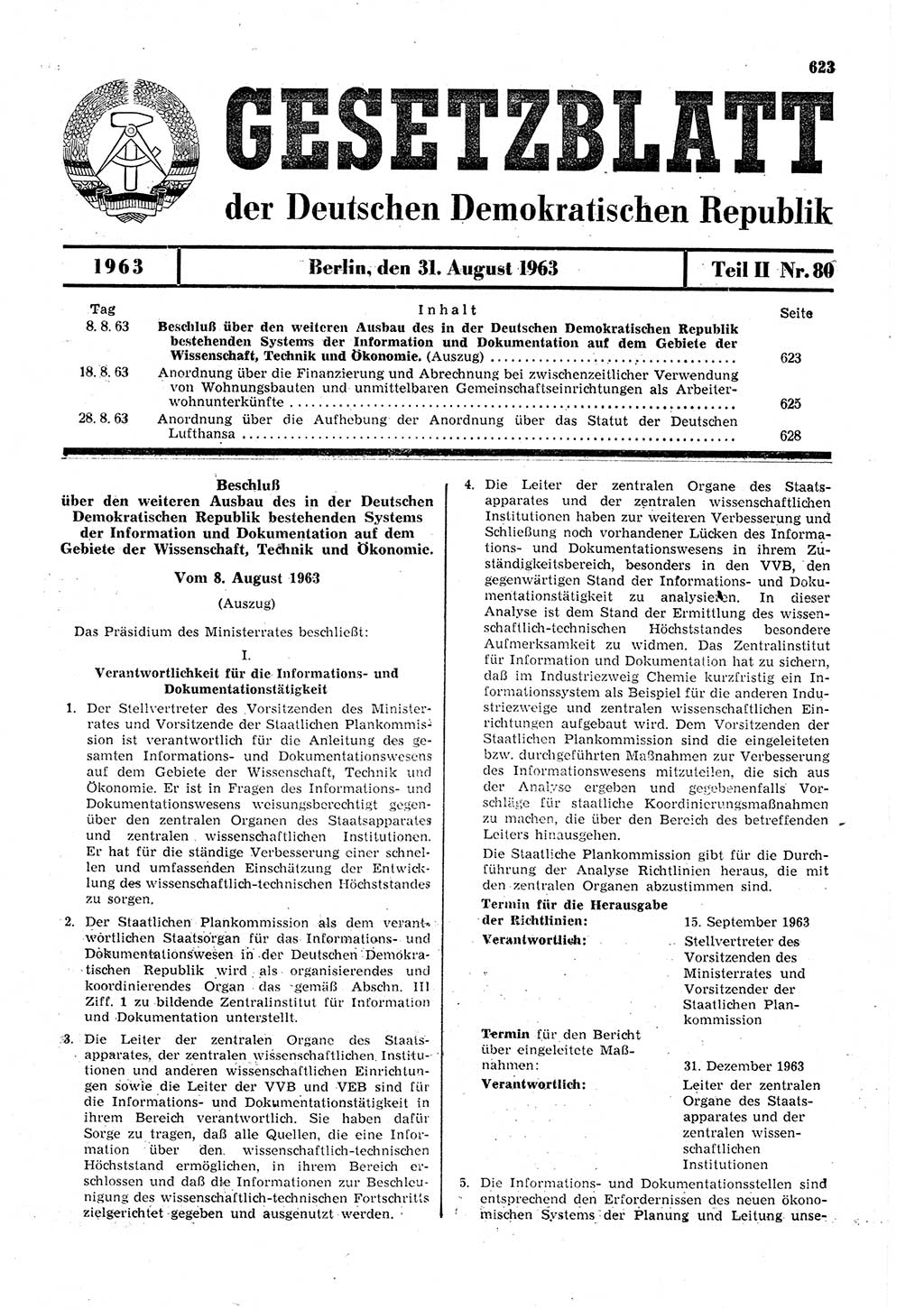 Gesetzblatt (GBl.) der Deutschen Demokratischen Republik (DDR) Teil ⅠⅠ 1963, Seite 623 (GBl. DDR ⅠⅠ 1963, S. 623)