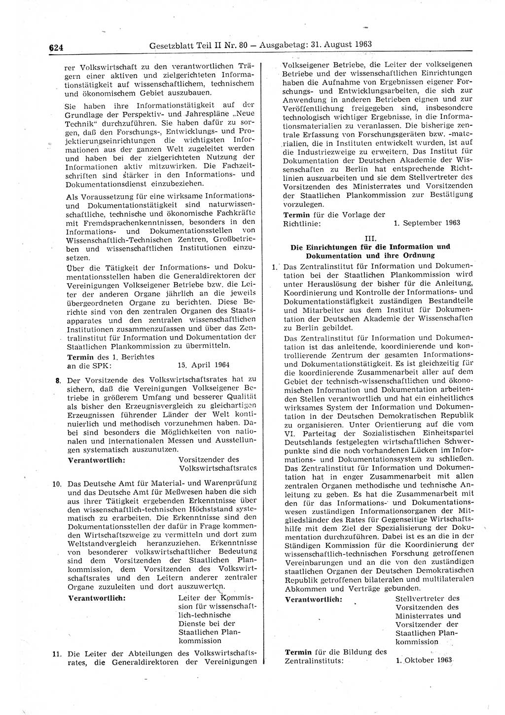 Gesetzblatt (GBl.) der Deutschen Demokratischen Republik (DDR) Teil ⅠⅠ 1963, Seite 624 (GBl. DDR ⅠⅠ 1963, S. 624)