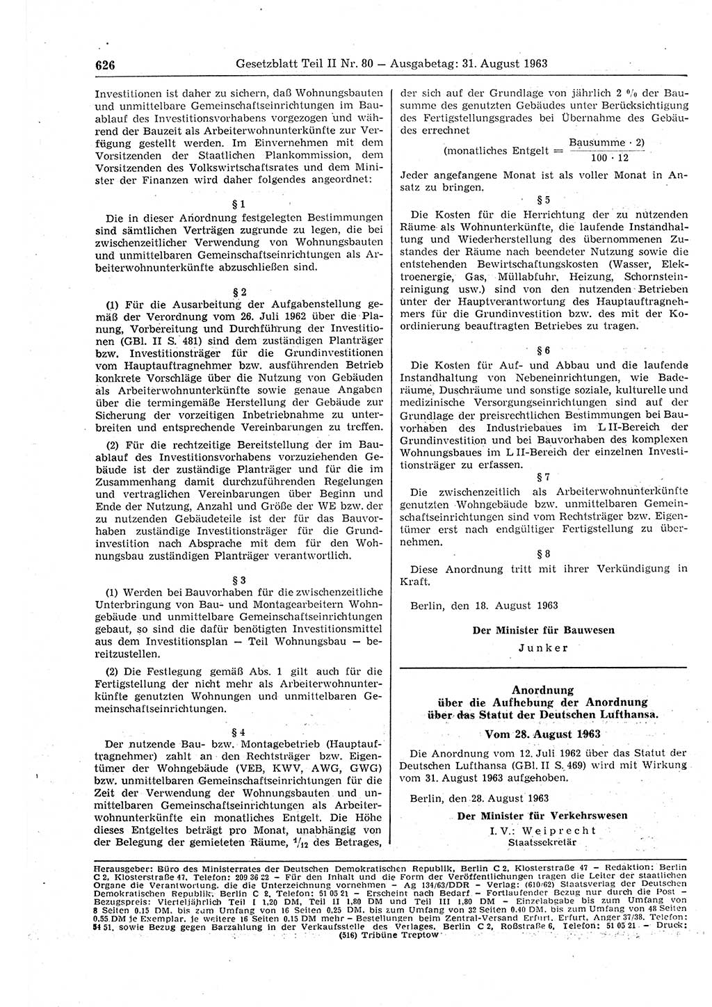 Gesetzblatt (GBl.) der Deutschen Demokratischen Republik (DDR) Teil ⅠⅠ 1963, Seite 626 (GBl. DDR ⅠⅠ 1963, S. 626)