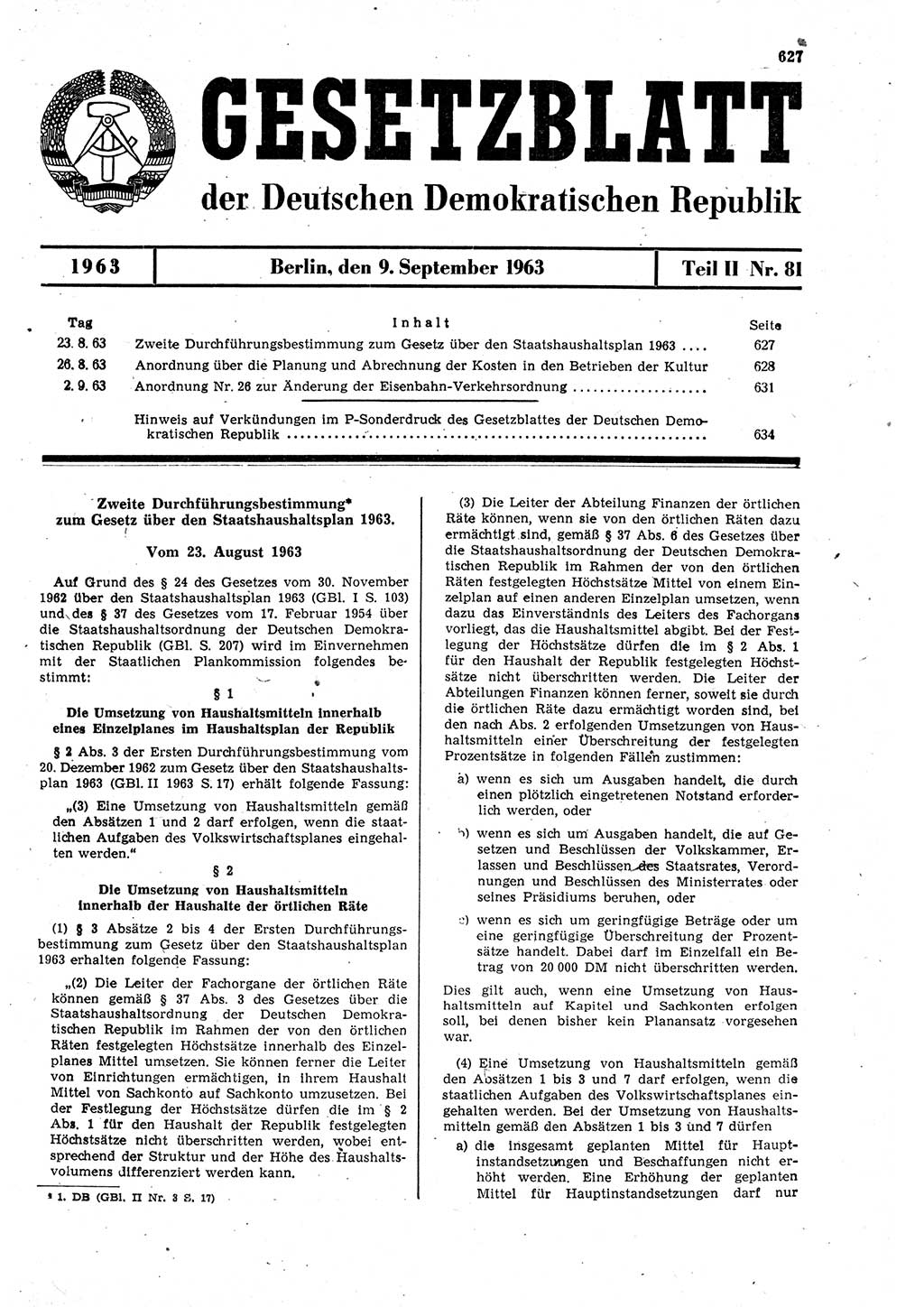 Gesetzblatt (GBl.) der Deutschen Demokratischen Republik (DDR) Teil ⅠⅠ 1963, Seite 627 (GBl. DDR ⅠⅠ 1963, S. 627)