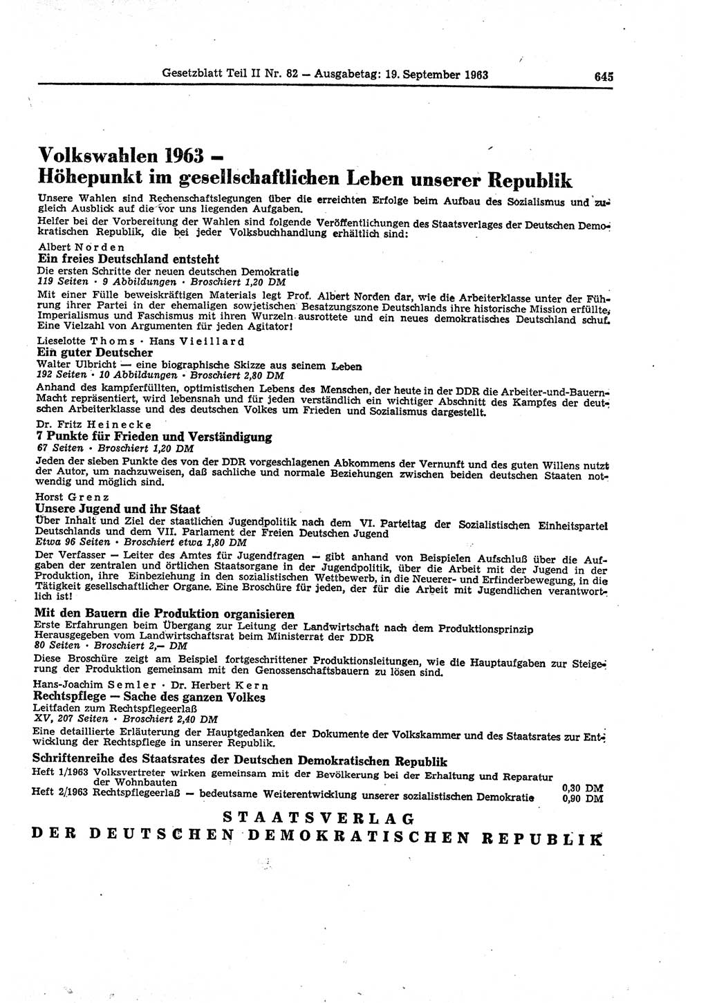 Gesetzblatt (GBl.) der Deutschen Demokratischen Republik (DDR) Teil ⅠⅠ 1963, Seite 645 (GBl. DDR ⅠⅠ 1963, S. 645)