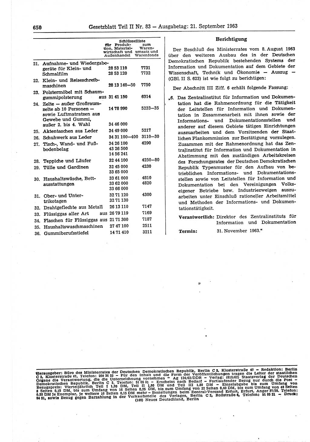 Gesetzblatt (GBl.) der Deutschen Demokratischen Republik (DDR) Teil ⅠⅠ 1963, Seite 650 (GBl. DDR ⅠⅠ 1963, S. 650)