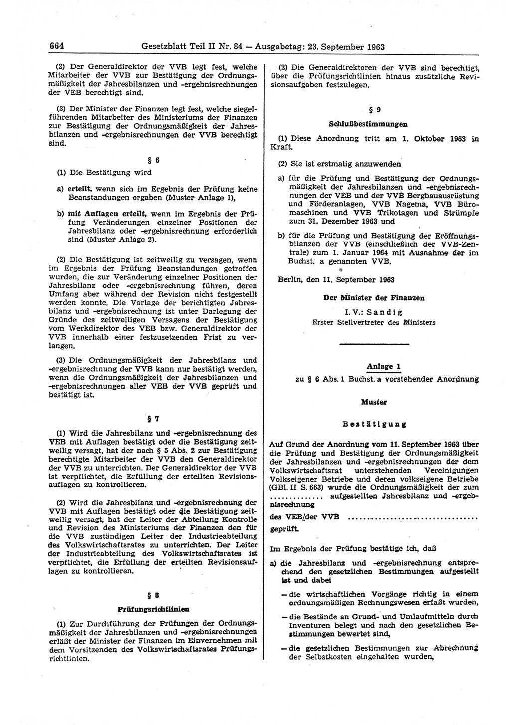 Gesetzblatt (GBl.) der Deutschen Demokratischen Republik (DDR) Teil ⅠⅠ 1963, Seite 664 (GBl. DDR ⅠⅠ 1963, S. 664)
