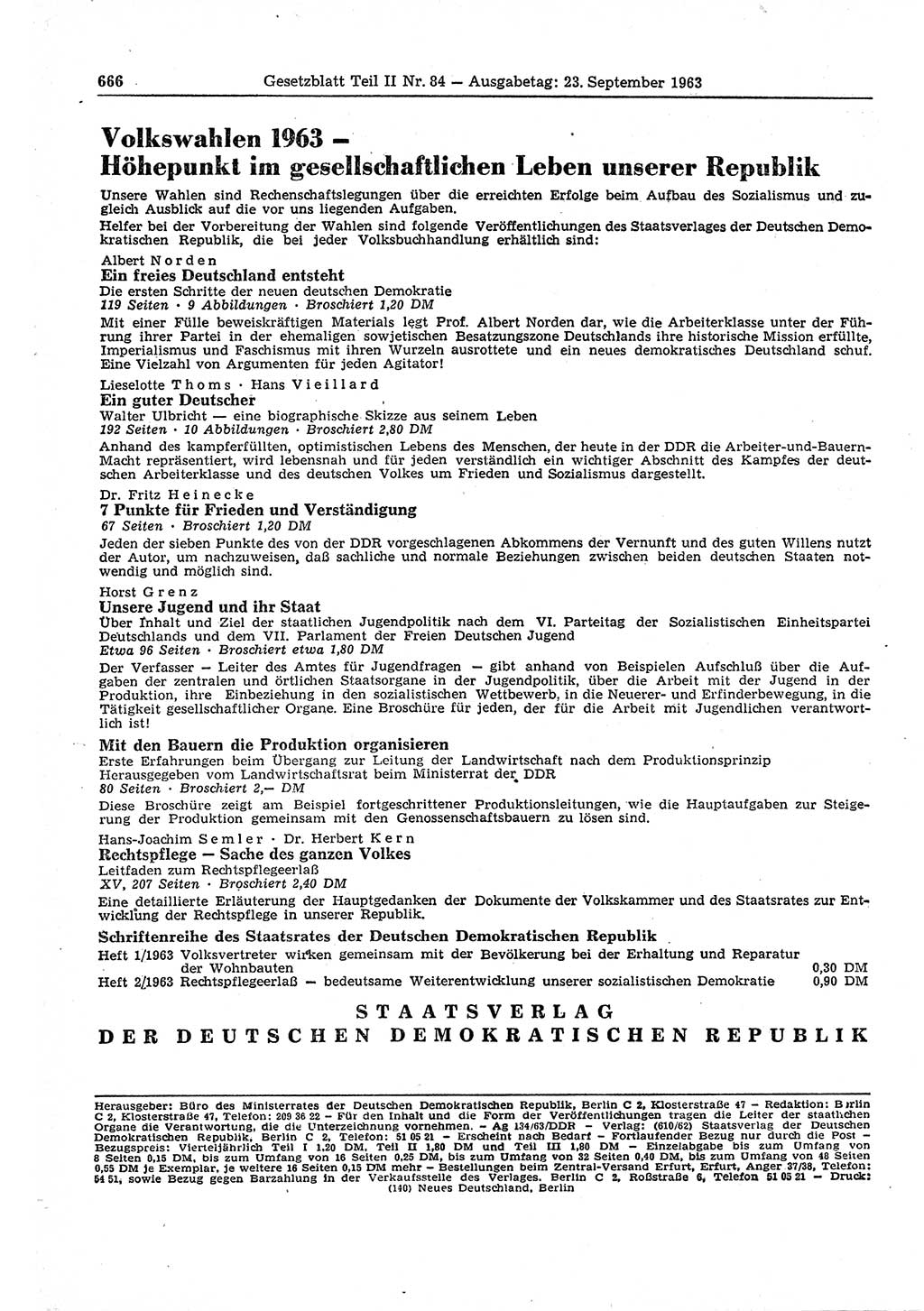 Gesetzblatt (GBl.) der Deutschen Demokratischen Republik (DDR) Teil ⅠⅠ 1963, Seite 666 (GBl. DDR ⅠⅠ 1963, S. 666)