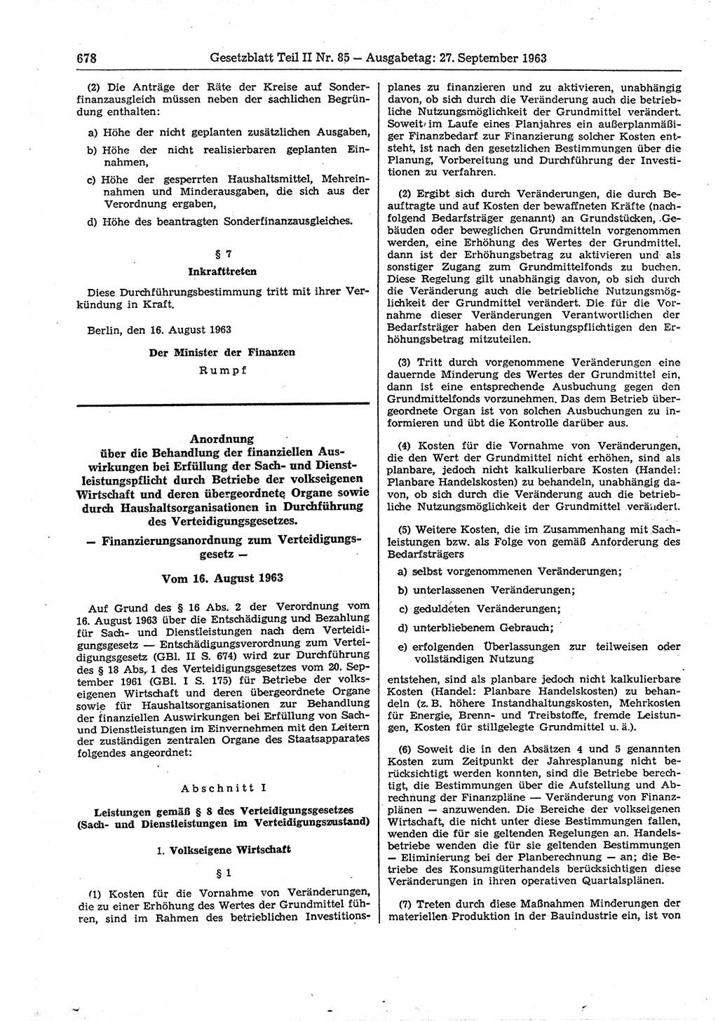 Gesetzblatt (GBl.) der Deutschen Demokratischen Republik (DDR) Teil ⅠⅠ 1963, Seite 678 (GBl. DDR ⅠⅠ 1963, S. 678)