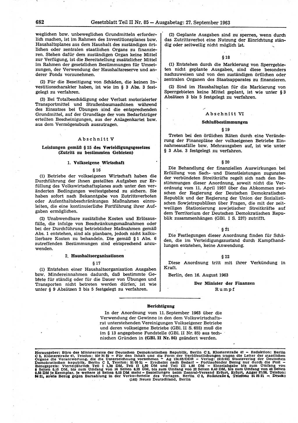 Gesetzblatt (GBl.) der Deutschen Demokratischen Republik (DDR) Teil ⅠⅠ 1963, Seite 682 (GBl. DDR ⅠⅠ 1963, S. 682)