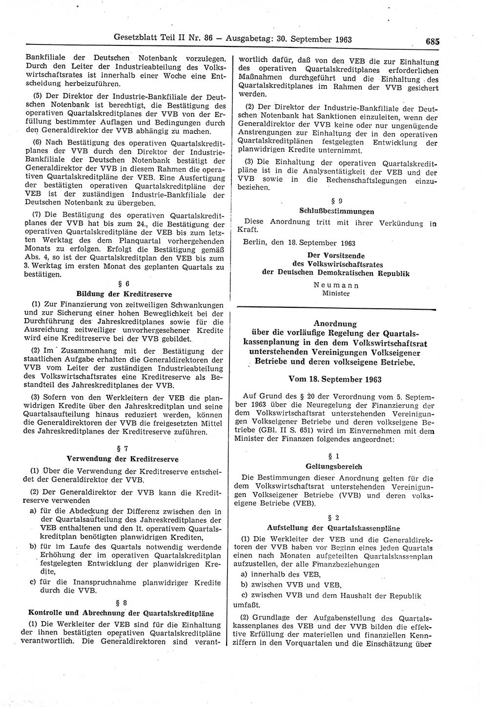 Gesetzblatt (GBl.) der Deutschen Demokratischen Republik (DDR) Teil ⅠⅠ 1963, Seite 685 (GBl. DDR ⅠⅠ 1963, S. 685)