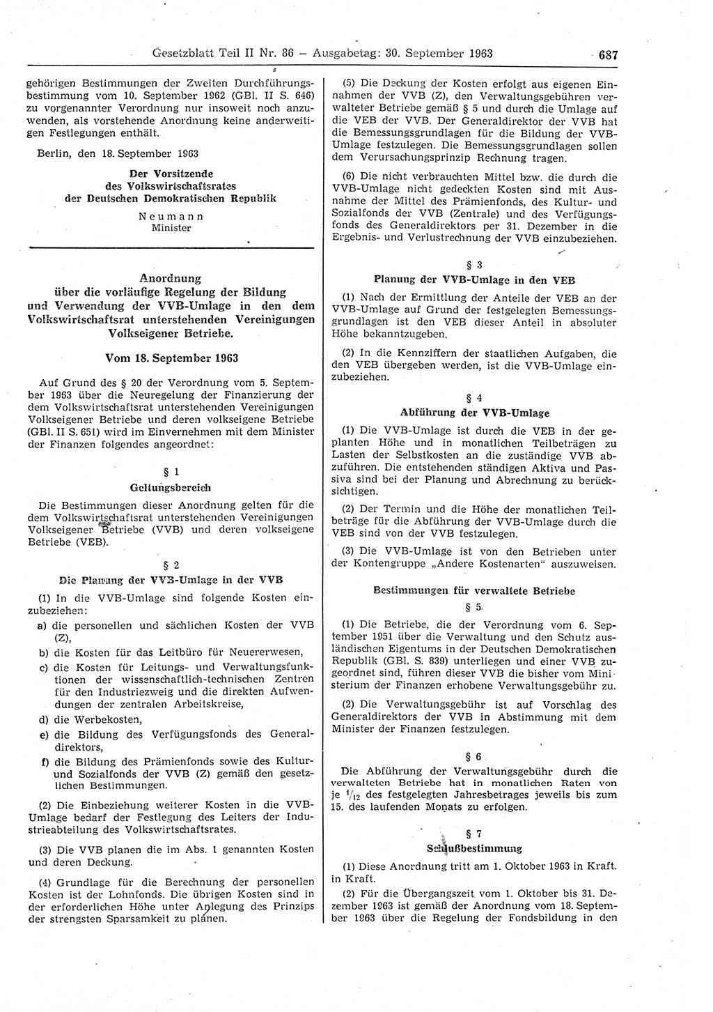 Gesetzblatt (GBl.) der Deutschen Demokratischen Republik (DDR) Teil ⅠⅠ 1963, Seite 687 (GBl. DDR ⅠⅠ 1963, S. 687)