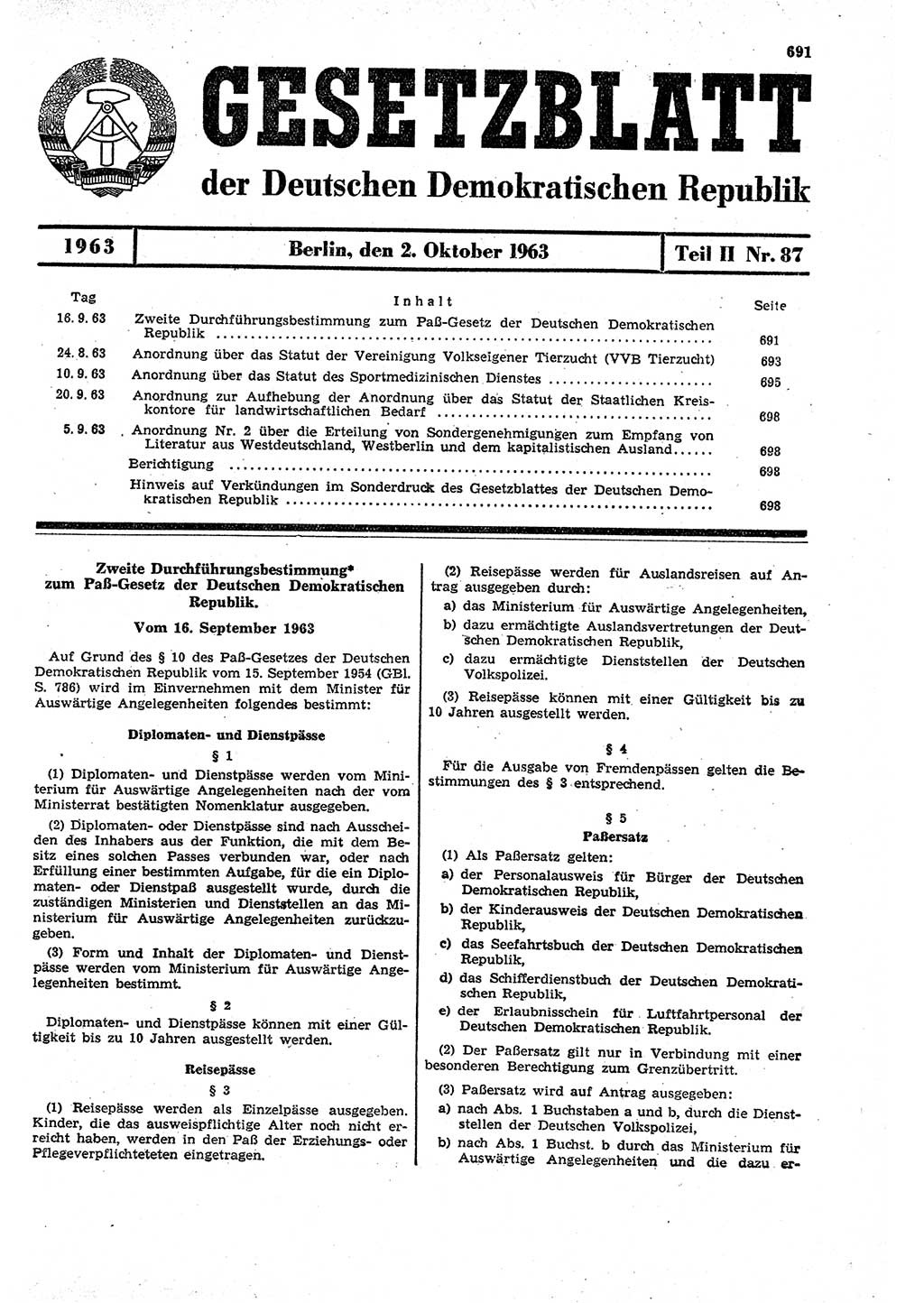 Gesetzblatt (GBl.) der Deutschen Demokratischen Republik (DDR) Teil ⅠⅠ 1963, Seite 691 (GBl. DDR ⅠⅠ 1963, S. 691)