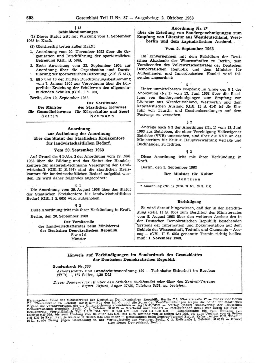 Gesetzblatt (GBl.) der Deutschen Demokratischen Republik (DDR) Teil ⅠⅠ 1963, Seite 698 (GBl. DDR ⅠⅠ 1963, S. 698)