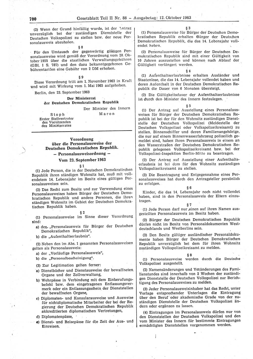 Gesetzblatt (GBl.) der Deutschen Demokratischen Republik (DDR) Teil ⅠⅠ 1963, Seite 700 (GBl. DDR ⅠⅠ 1963, S. 700)