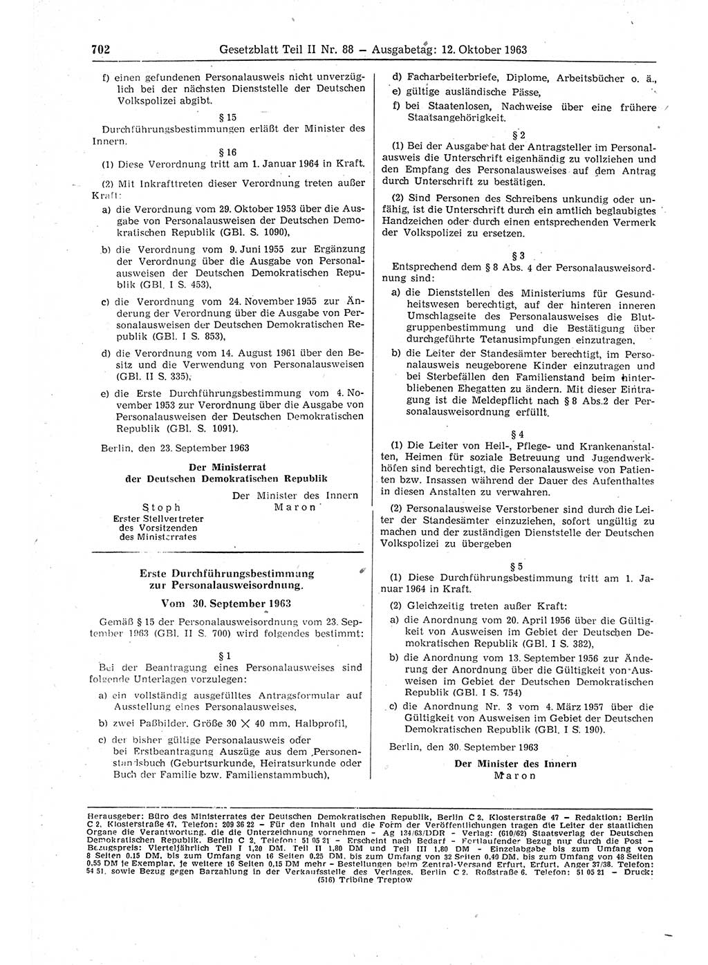 Gesetzblatt (GBl.) der Deutschen Demokratischen Republik (DDR) Teil ⅠⅠ 1963, Seite 702 (GBl. DDR ⅠⅠ 1963, S. 702)