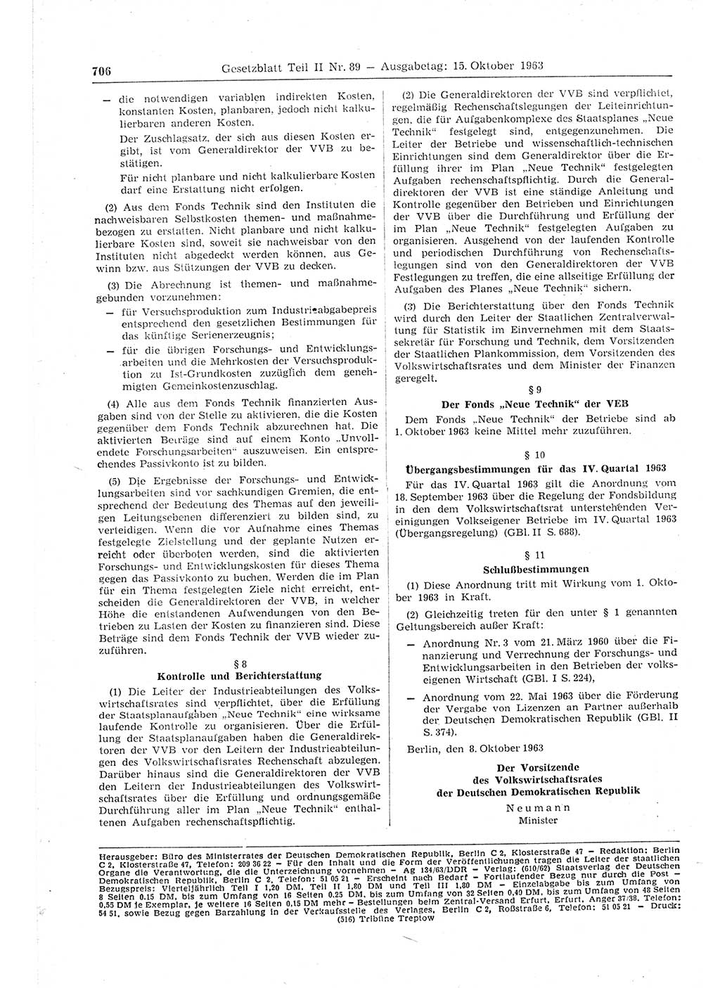 Gesetzblatt (GBl.) der Deutschen Demokratischen Republik (DDR) Teil ⅠⅠ 1963, Seite 706 (GBl. DDR ⅠⅠ 1963, S. 706)