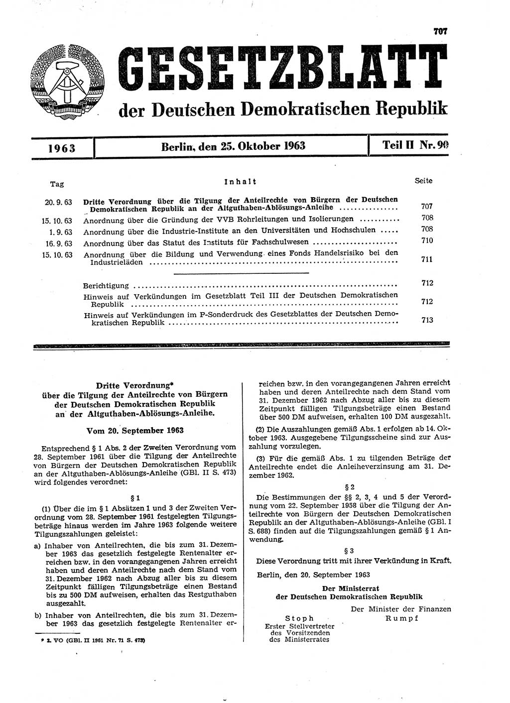 Gesetzblatt (GBl.) der Deutschen Demokratischen Republik (DDR) Teil ⅠⅠ 1963, Seite 707 (GBl. DDR ⅠⅠ 1963, S. 707)