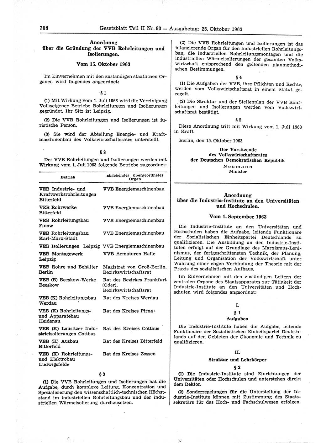 Gesetzblatt (GBl.) der Deutschen Demokratischen Republik (DDR) Teil ⅠⅠ 1963, Seite 708 (GBl. DDR ⅠⅠ 1963, S. 708)