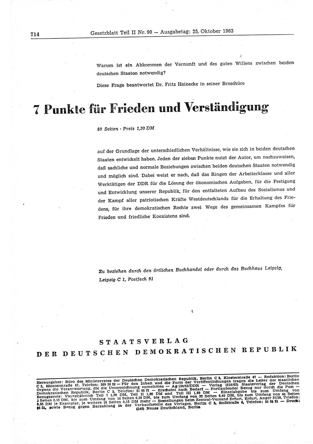 Gesetzblatt (GBl.) der Deutschen Demokratischen Republik (DDR) Teil ⅠⅠ 1963, Seite 714 (GBl. DDR ⅠⅠ 1963, S. 714)