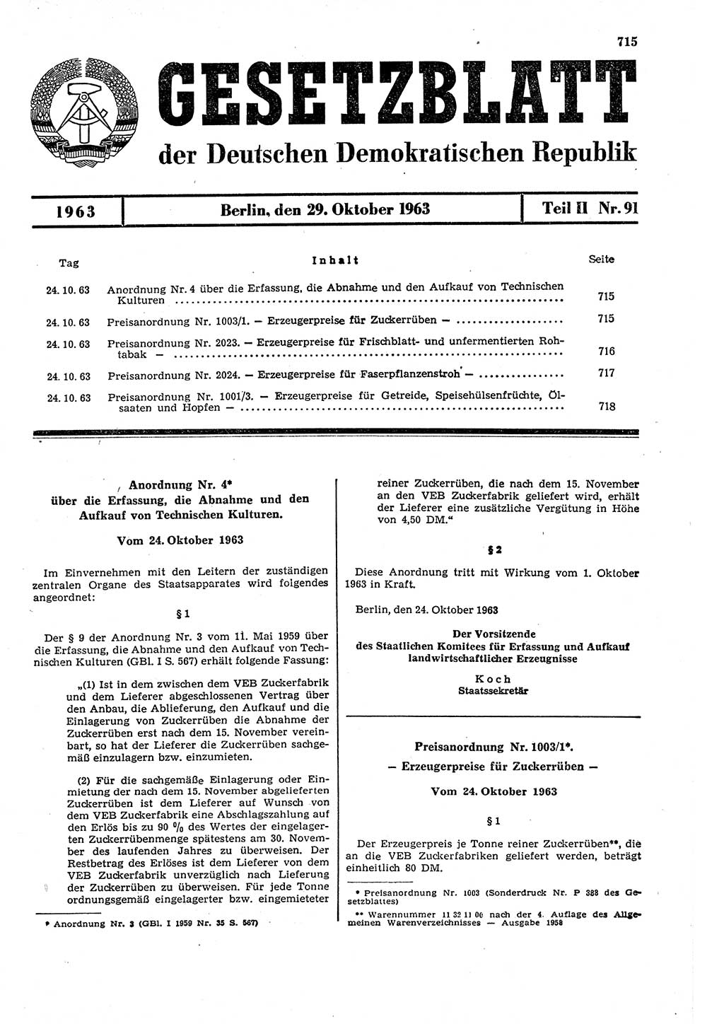 Gesetzblatt (GBl.) der Deutschen Demokratischen Republik (DDR) Teil ⅠⅠ 1963, Seite 715 (GBl. DDR ⅠⅠ 1963, S. 715)