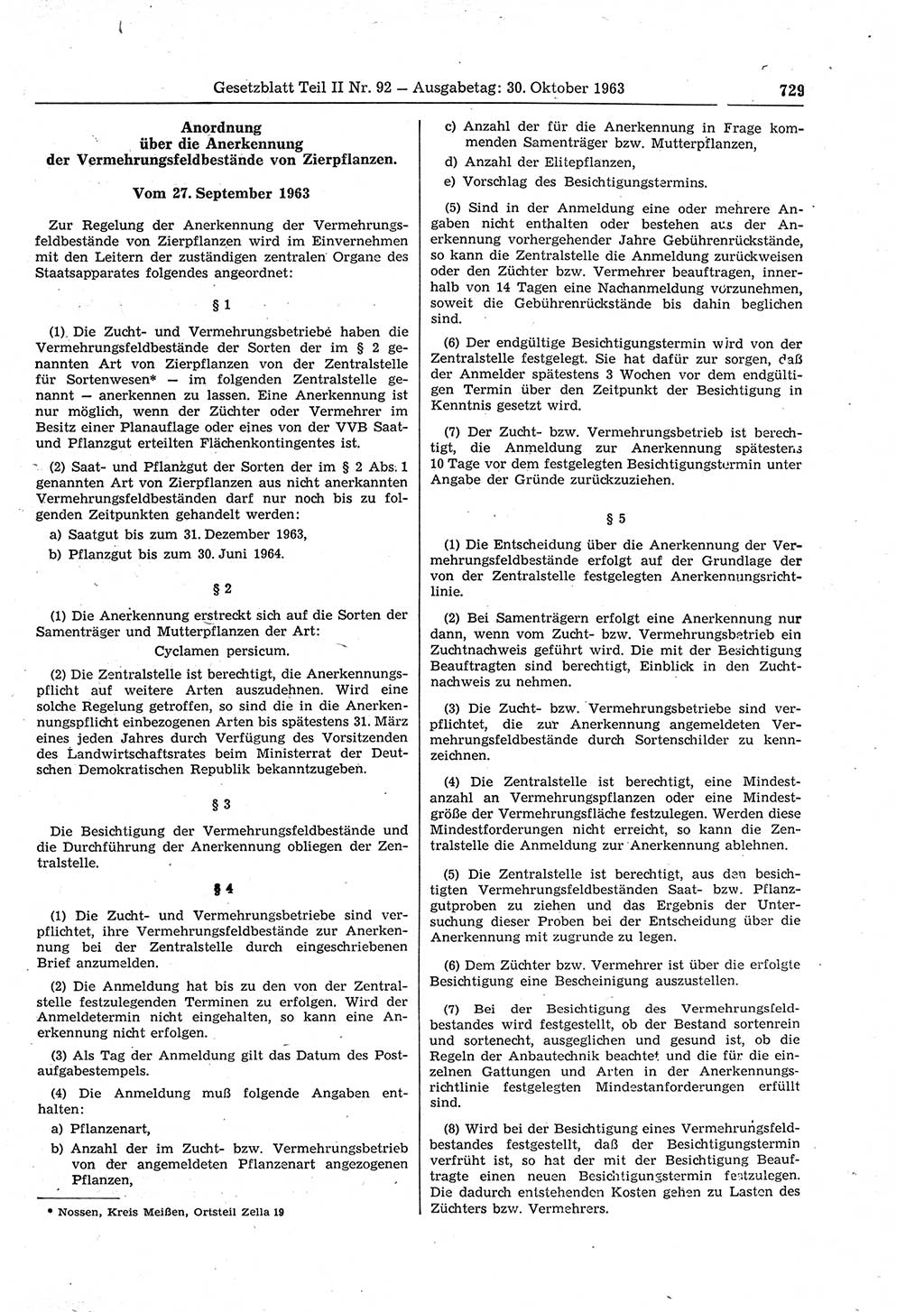 Gesetzblatt (GBl.) der Deutschen Demokratischen Republik (DDR) Teil ⅠⅠ 1963, Seite 729 (GBl. DDR ⅠⅠ 1963, S. 729)