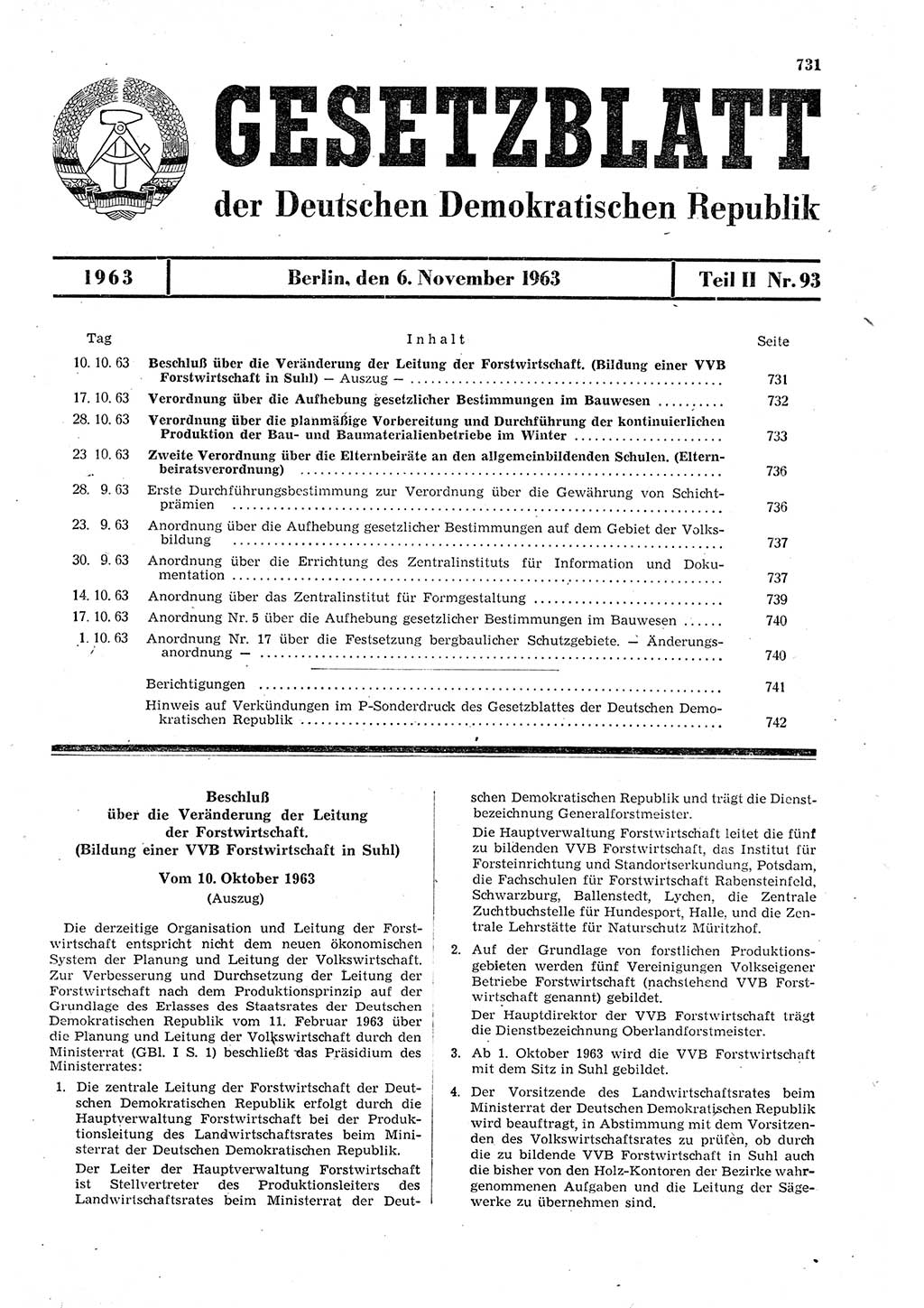 Gesetzblatt (GBl.) der Deutschen Demokratischen Republik (DDR) Teil ⅠⅠ 1963, Seite 731 (GBl. DDR ⅠⅠ 1963, S. 731)