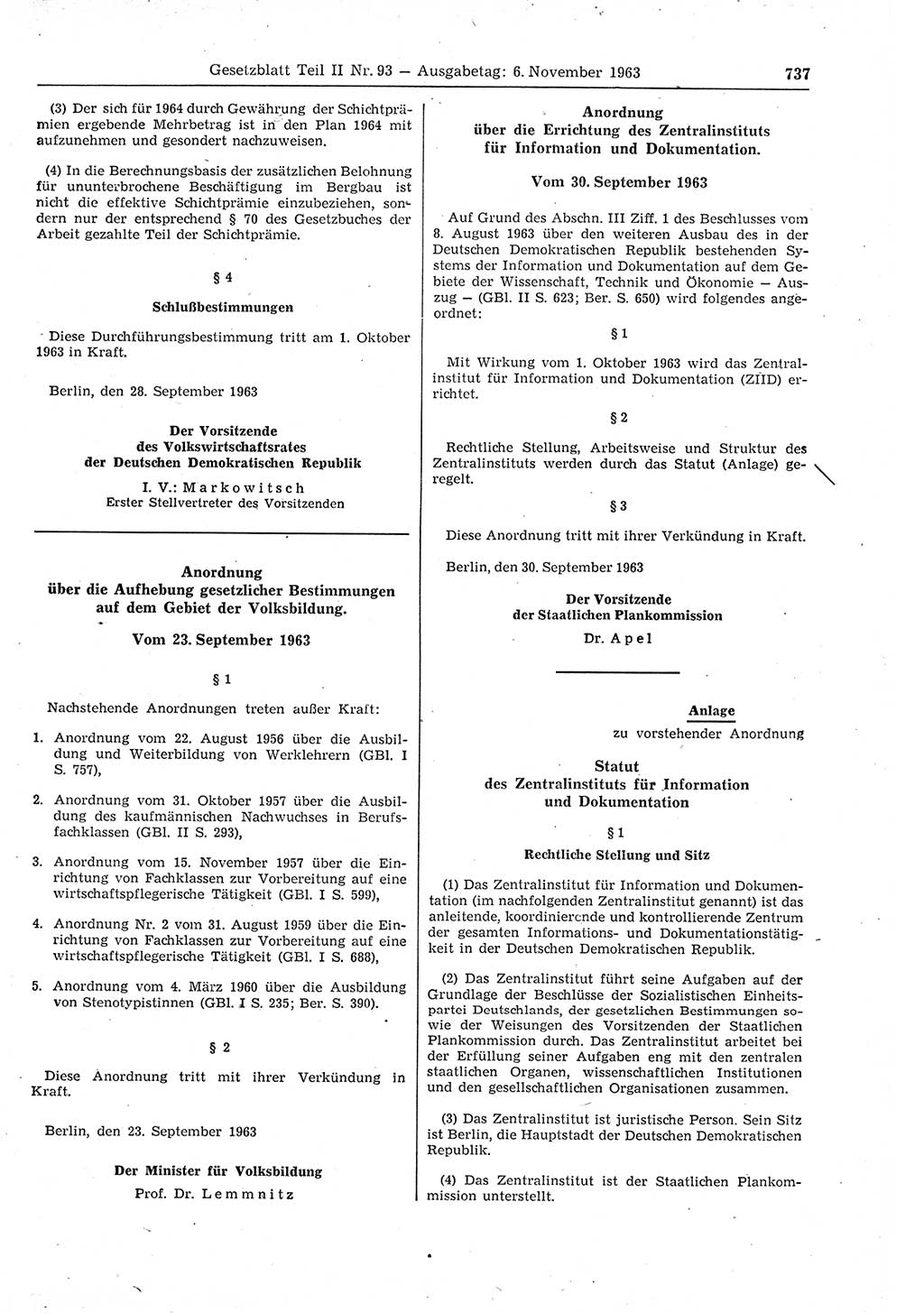 Gesetzblatt (GBl.) der Deutschen Demokratischen Republik (DDR) Teil ⅠⅠ 1963, Seite 737 (GBl. DDR ⅠⅠ 1963, S. 737)