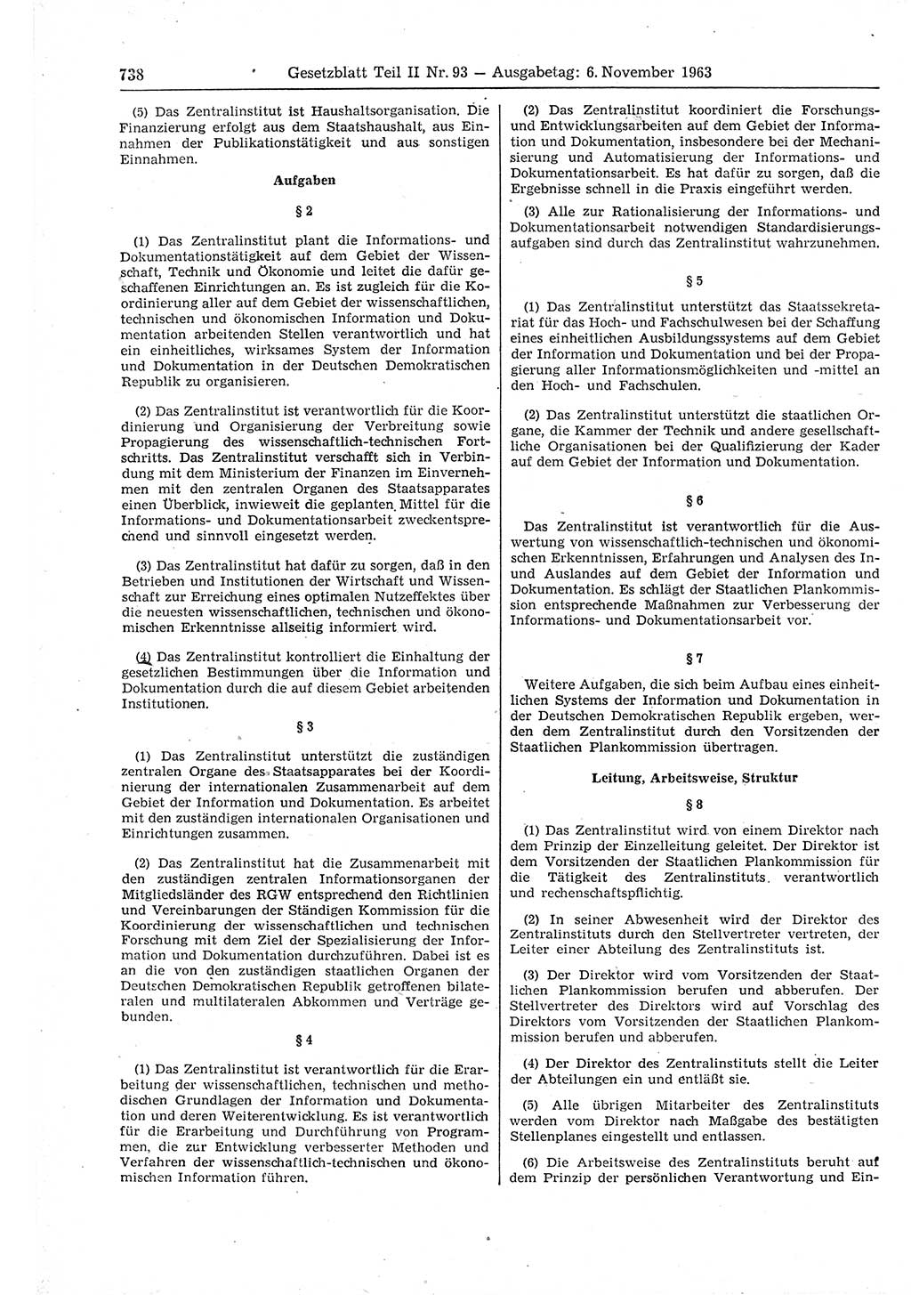 Gesetzblatt (GBl.) der Deutschen Demokratischen Republik (DDR) Teil ⅠⅠ 1963, Seite 738 (GBl. DDR ⅠⅠ 1963, S. 738)
