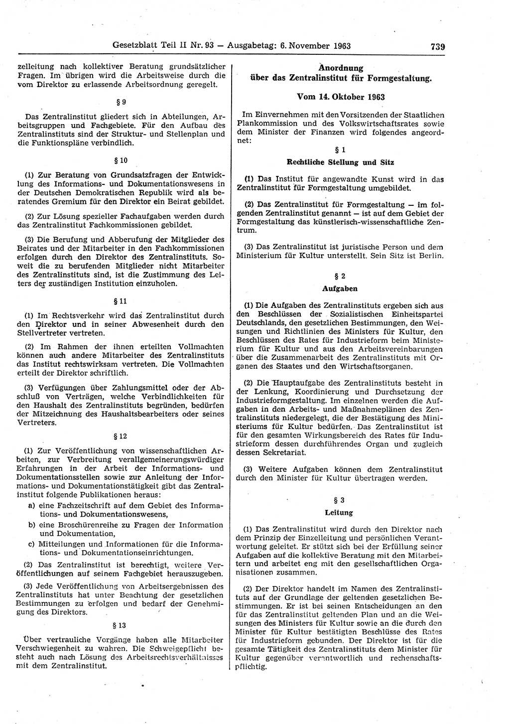 Gesetzblatt (GBl.) der Deutschen Demokratischen Republik (DDR) Teil ⅠⅠ 1963, Seite 739 (GBl. DDR ⅠⅠ 1963, S. 739)