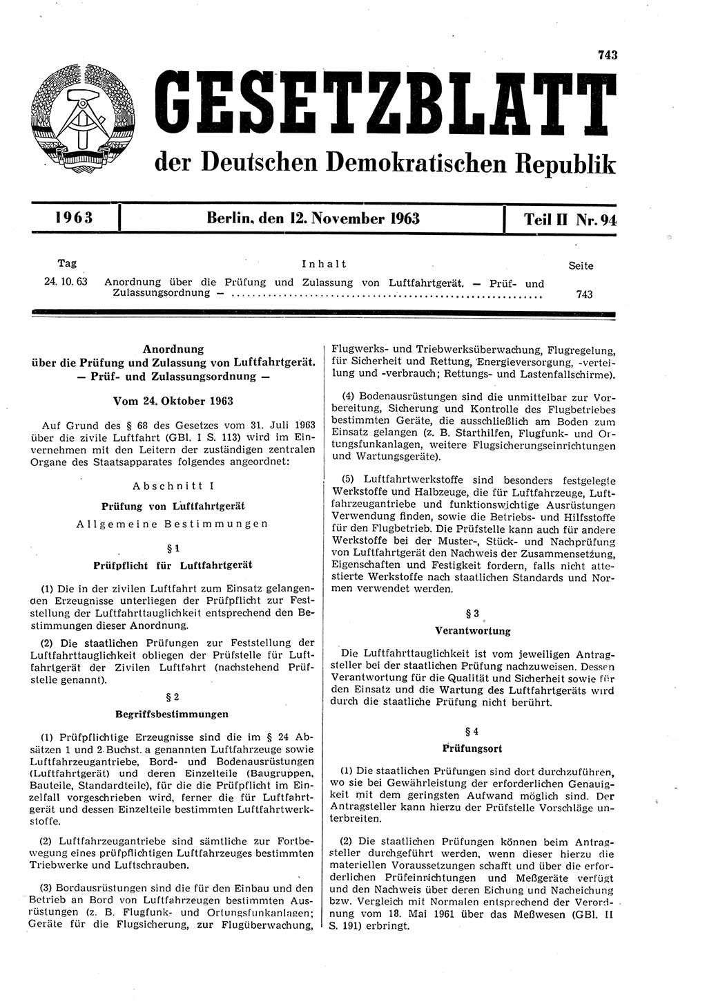 Gesetzblatt (GBl.) der Deutschen Demokratischen Republik (DDR) Teil ⅠⅠ 1963, Seite 743 (GBl. DDR ⅠⅠ 1963, S. 743)