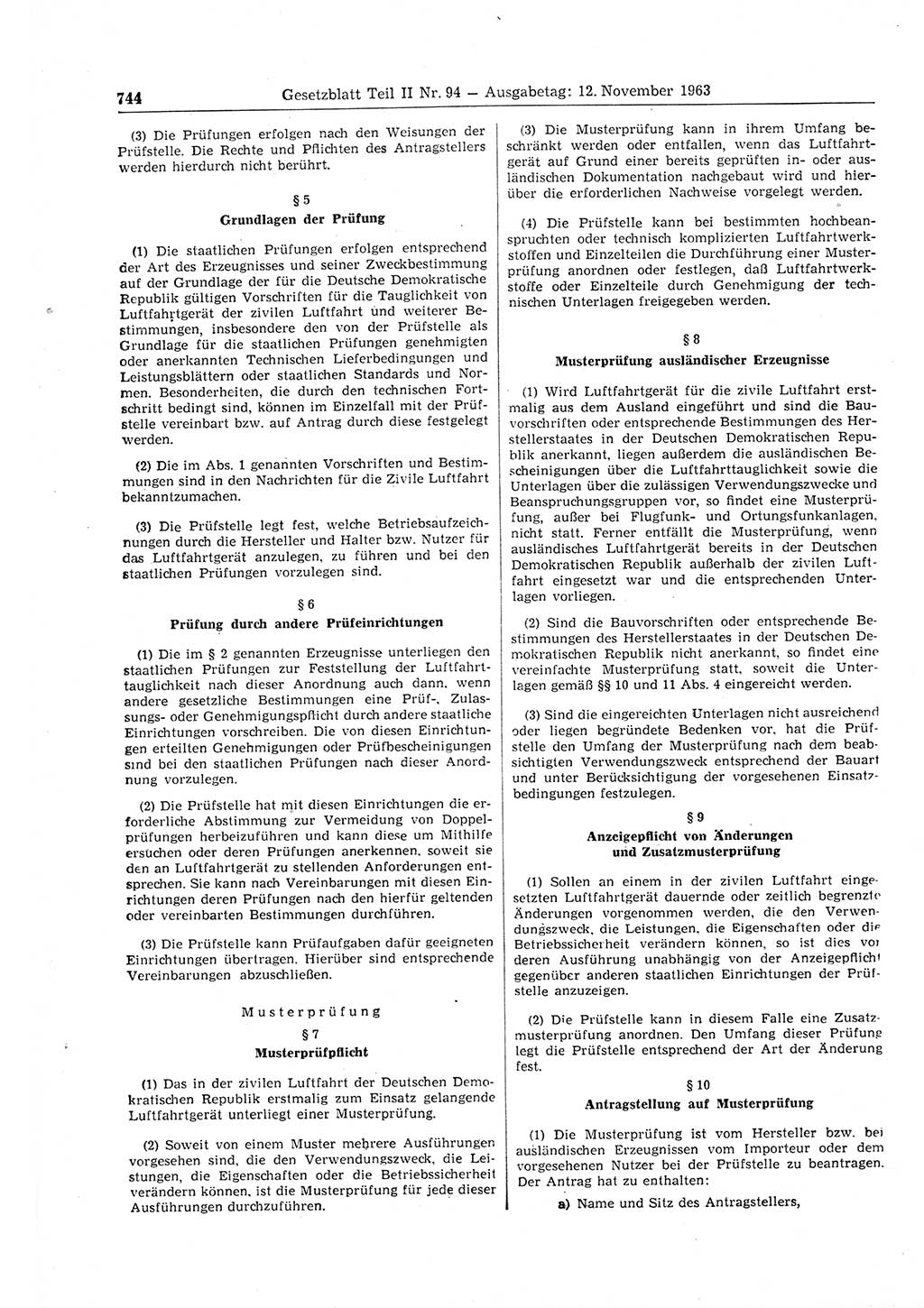 Gesetzblatt (GBl.) der Deutschen Demokratischen Republik (DDR) Teil ⅠⅠ 1963, Seite 744 (GBl. DDR ⅠⅠ 1963, S. 744)