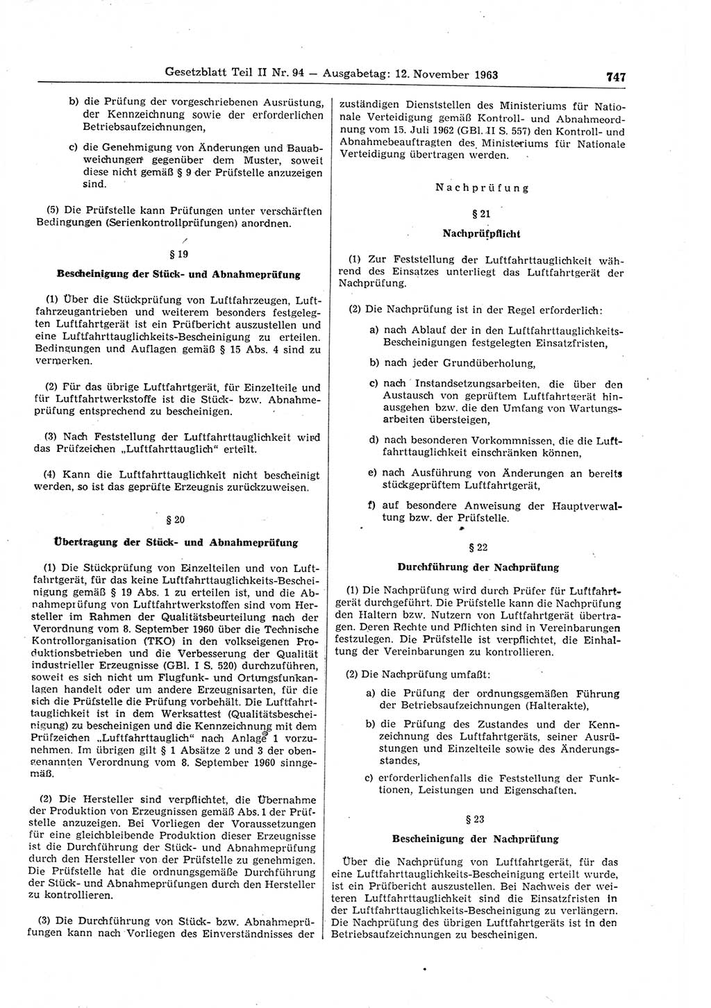 Gesetzblatt (GBl.) der Deutschen Demokratischen Republik (DDR) Teil ⅠⅠ 1963, Seite 747 (GBl. DDR ⅠⅠ 1963, S. 747)