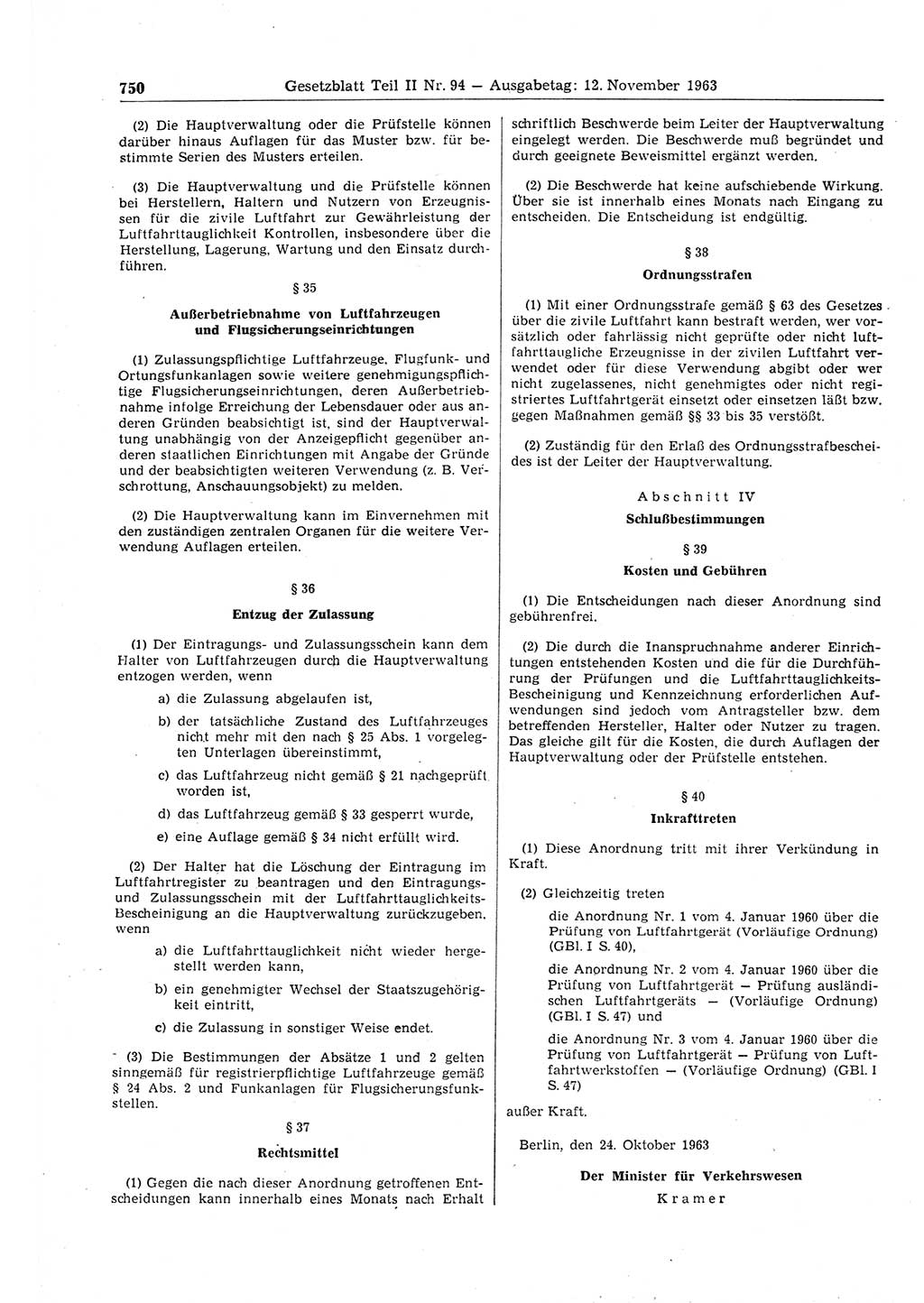 Gesetzblatt (GBl.) der Deutschen Demokratischen Republik (DDR) Teil ⅠⅠ 1963, Seite 750 (GBl. DDR ⅠⅠ 1963, S. 750)